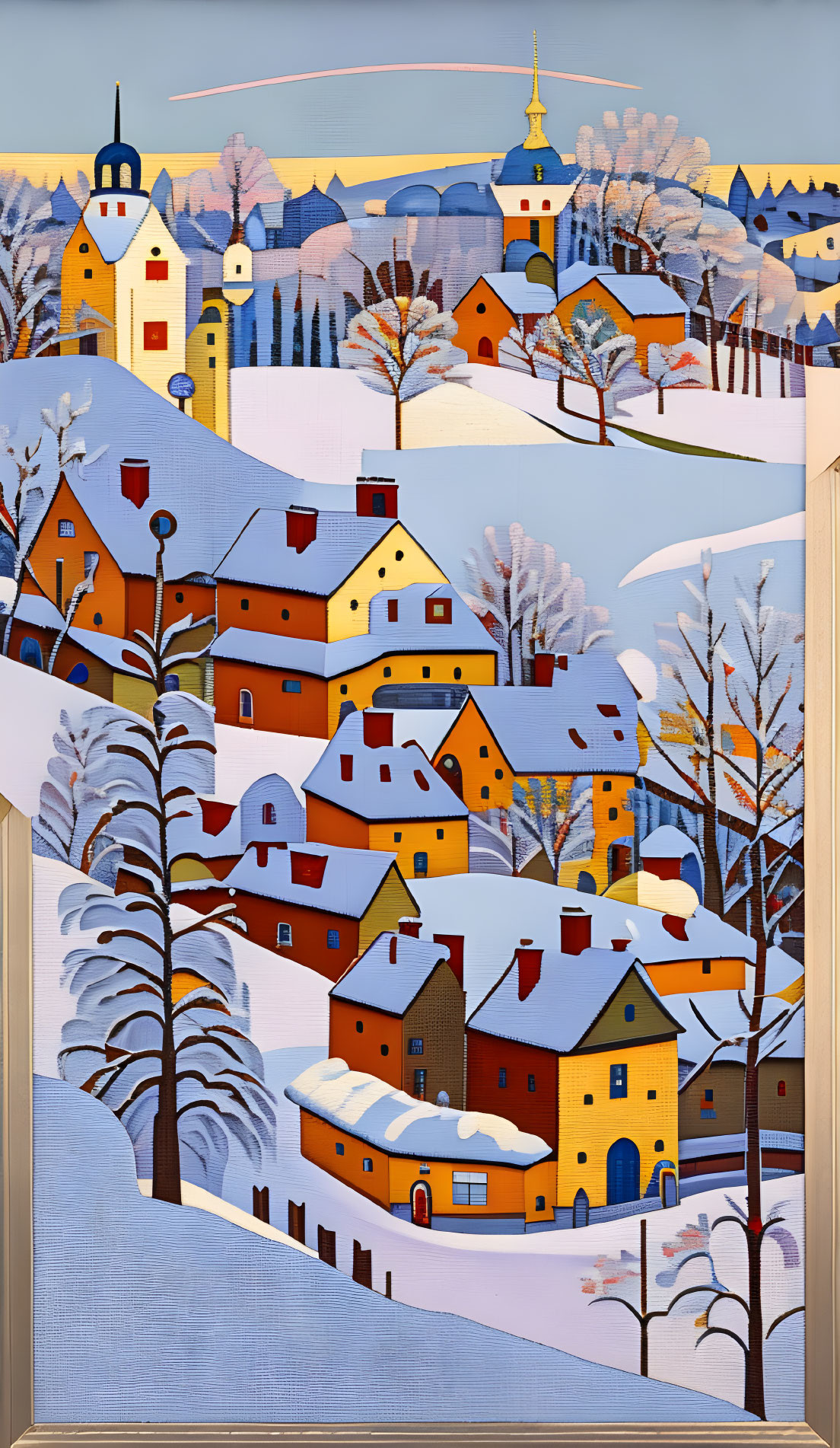 Vibrant painting of snowy village with orange and yellow houses, bare trees, hills, and church