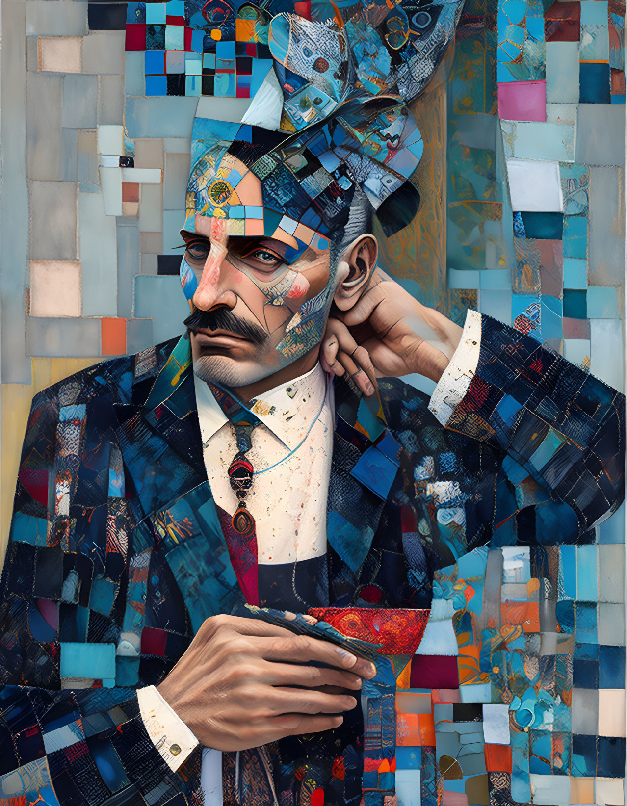 Abstract portrait of pensive man in patterned suit with rabbit headpiece