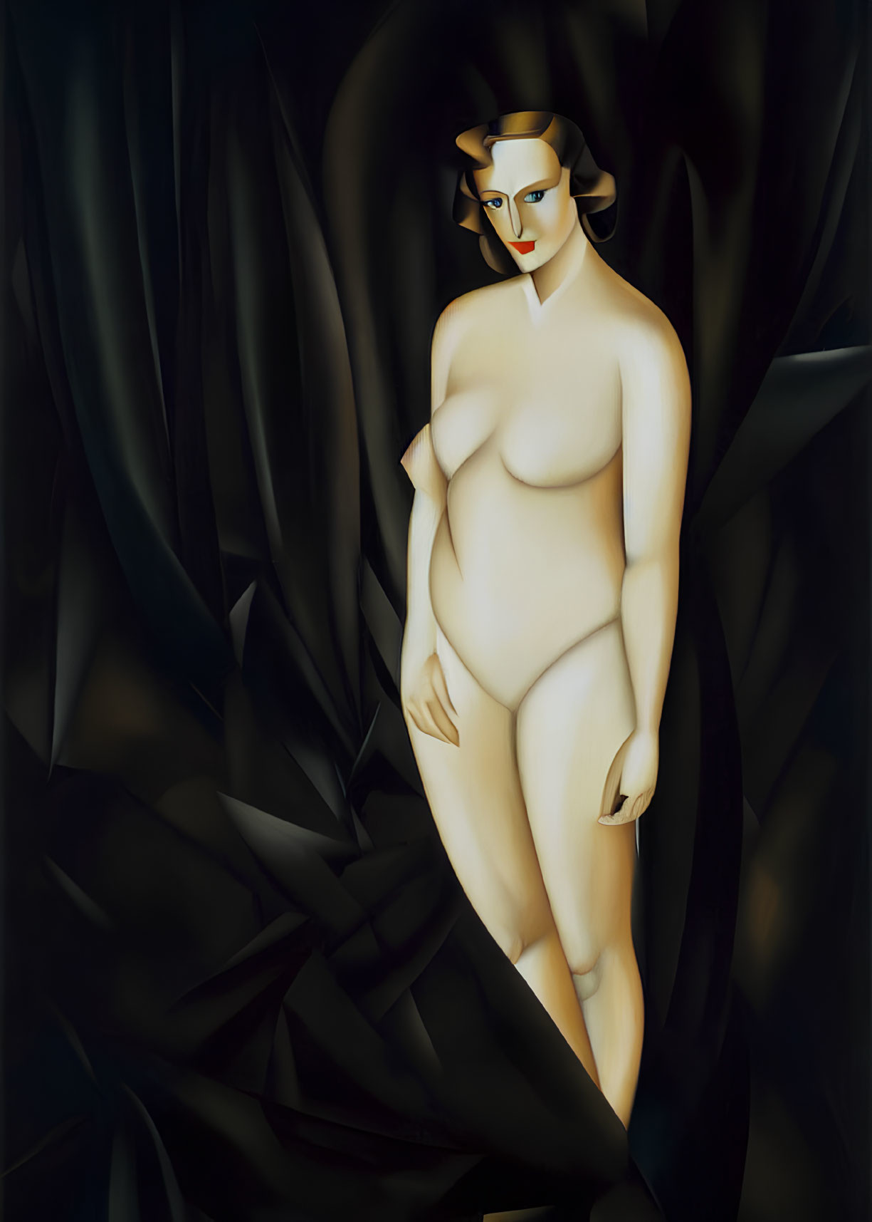 Stylized painting of nude woman among dark leaves