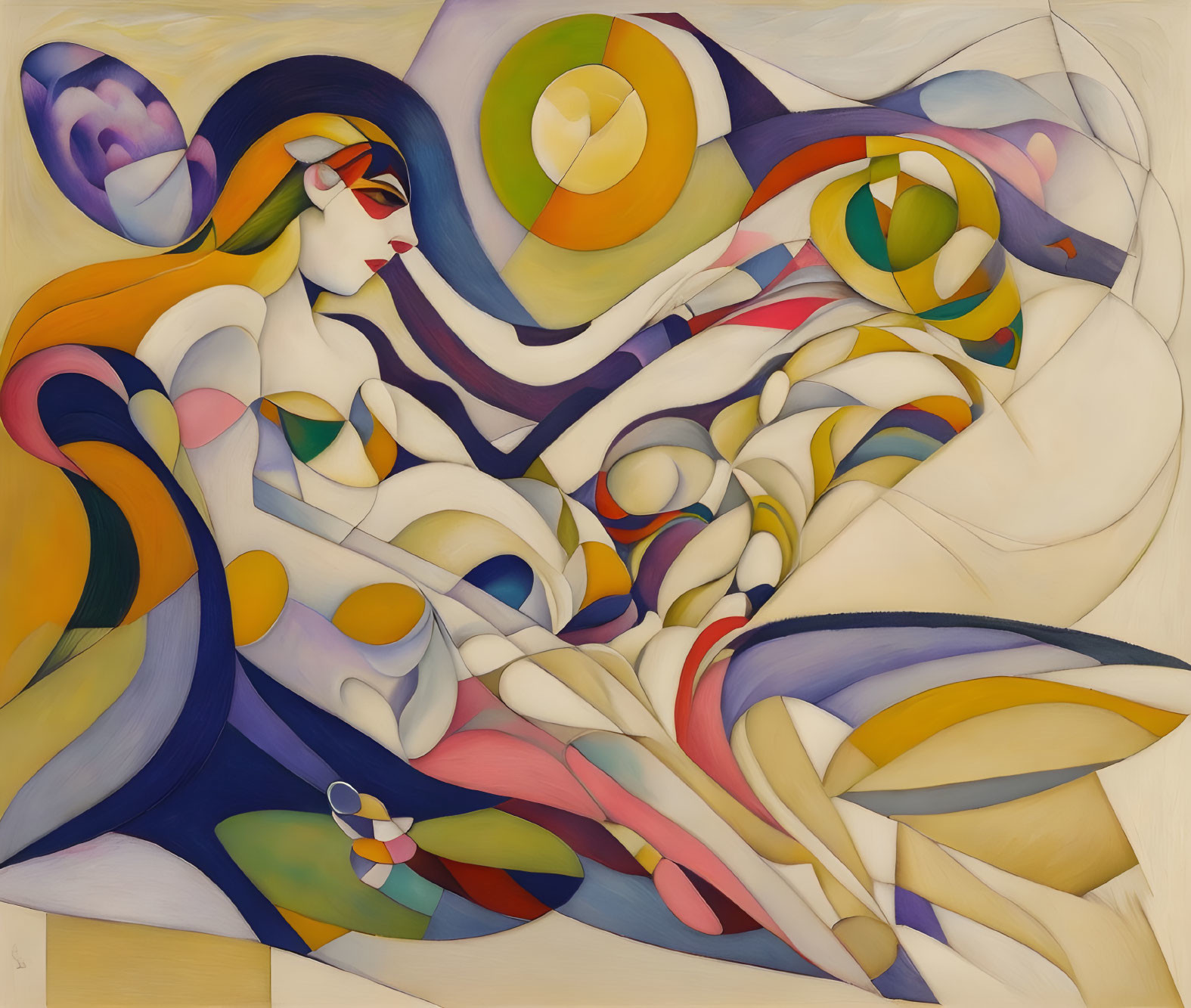 Vibrant Abstract Painting with Stylized Female Figure