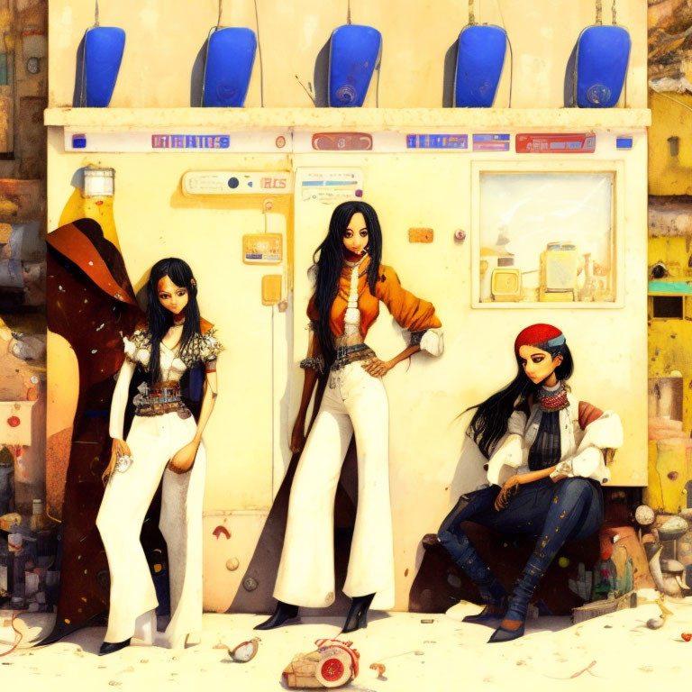 Three animated women in stylish outfits posing in front of rustic wall with gas pumps