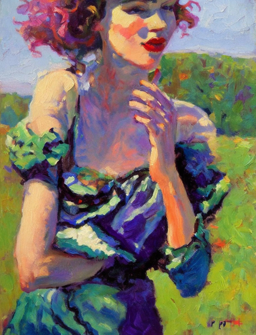 Colorful Impressionist Painting of Woman in Green Dress