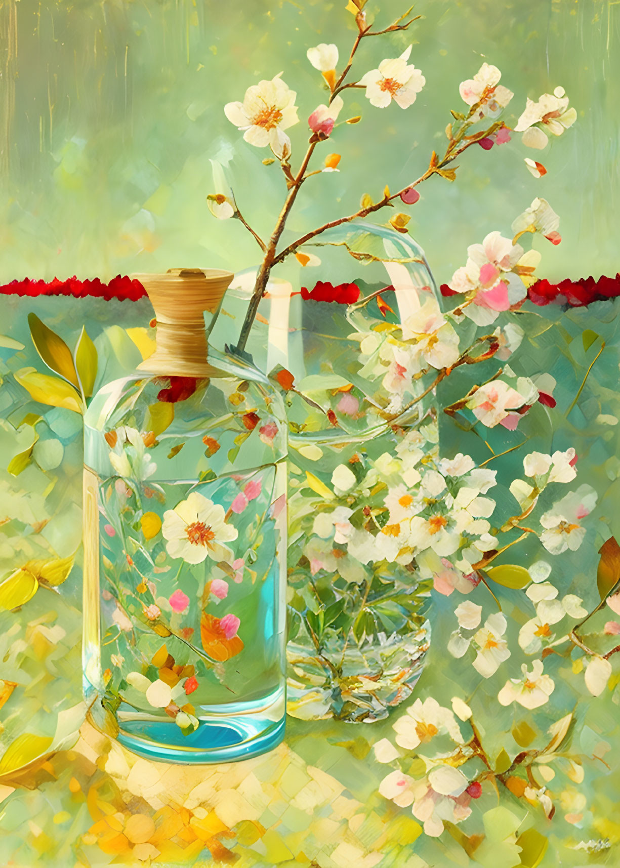 Transparent perfume bottle and cherry branches in glass vase on textured yellow background