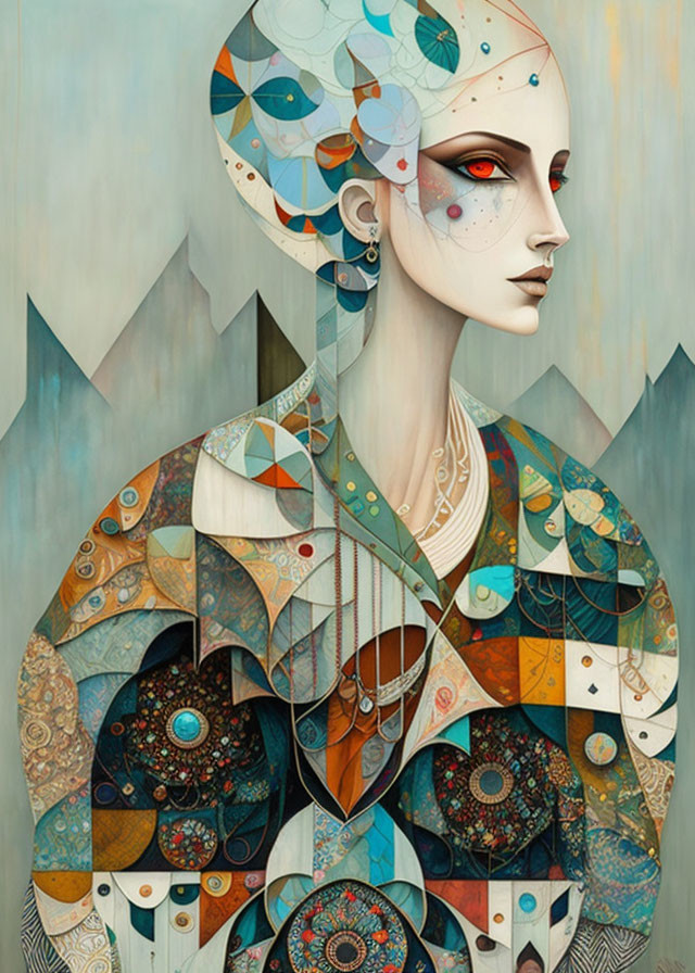 Geometric mosaic attire on serene woman illustration