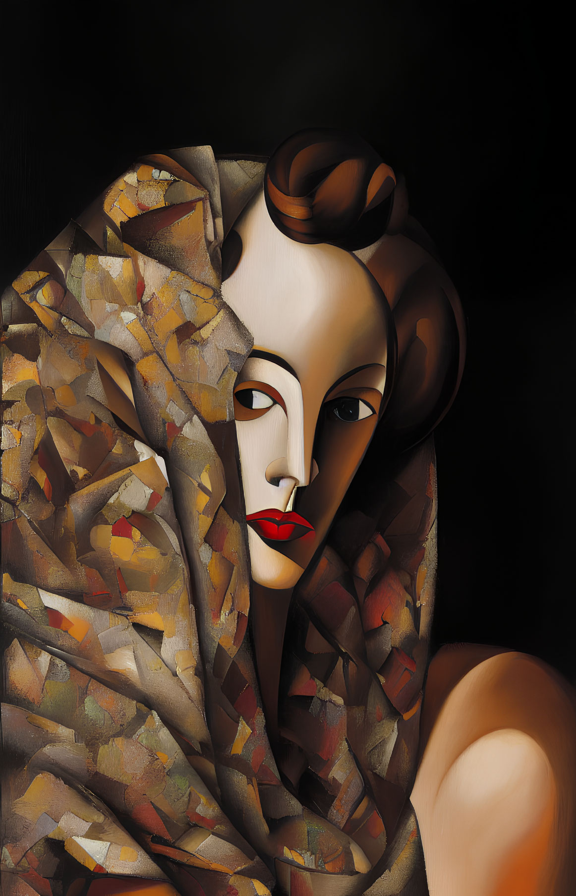 Stylized portrait of a woman with patterned shawl and bold red lips