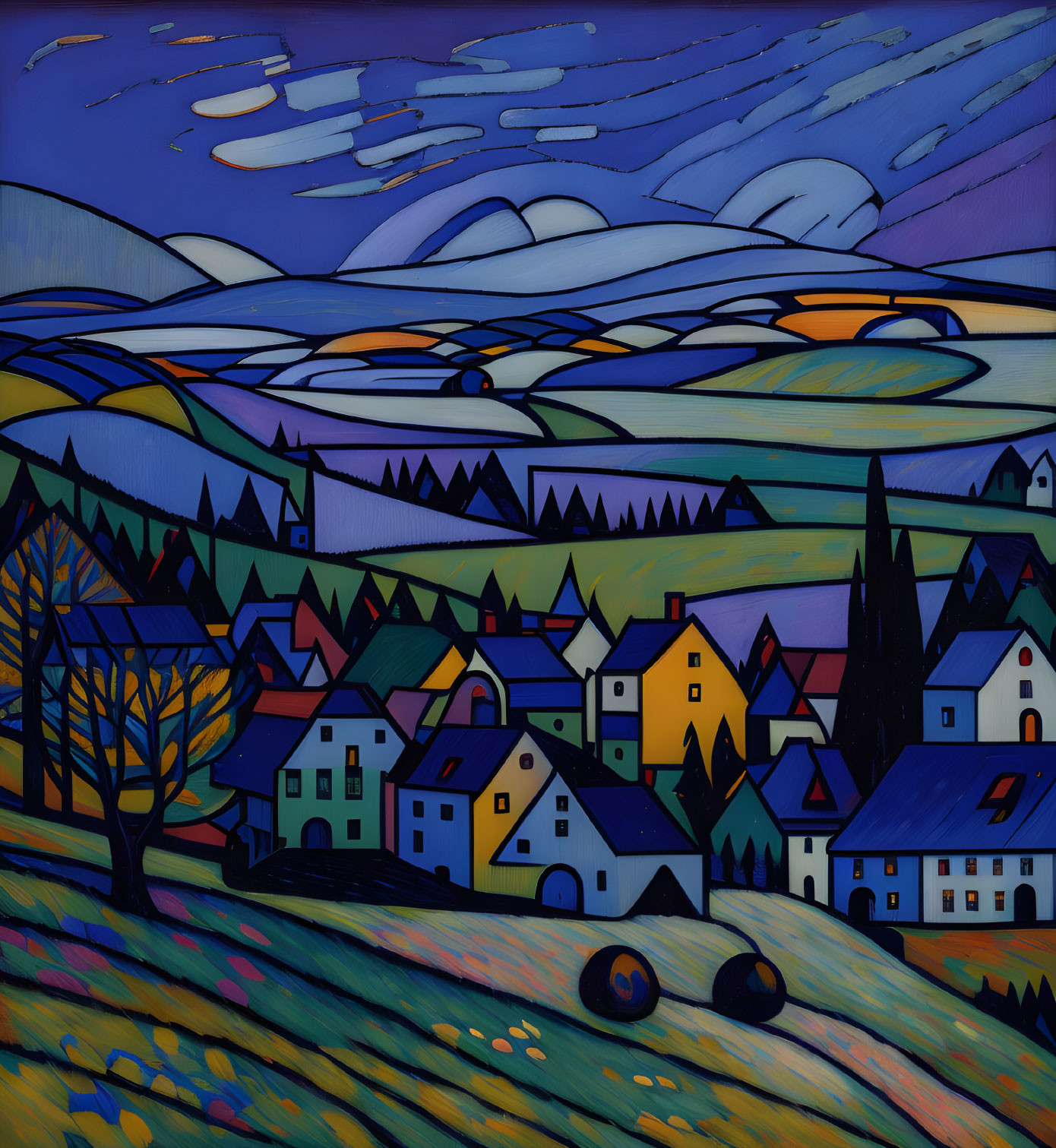 Colorful Village Painting with Rolling Hills & Patterned Sky