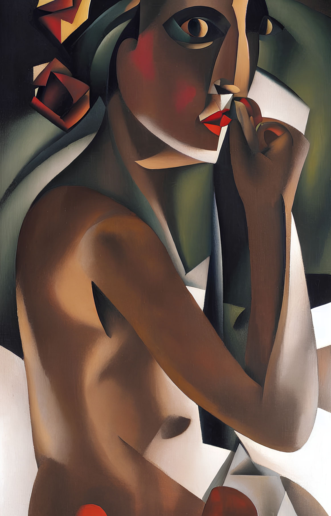 Cubist-style painting of seated woman with disjointed shapes