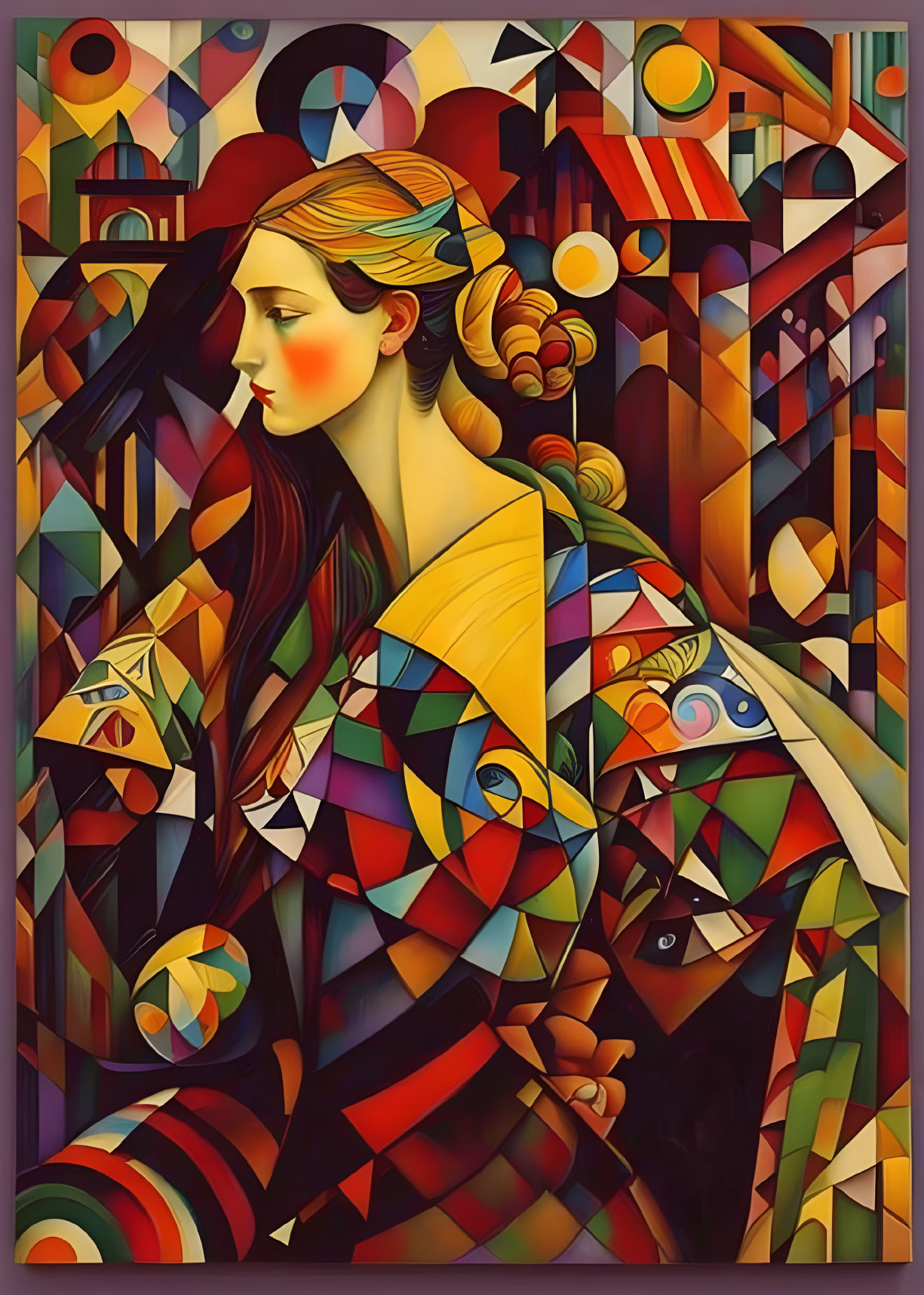 Colorful Cubist Portrait of Woman with Geometric Background