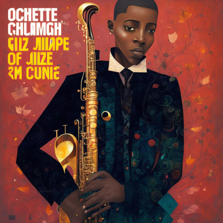 Stylized man in suit with saxophone surrounded by floral patterns and artistic text