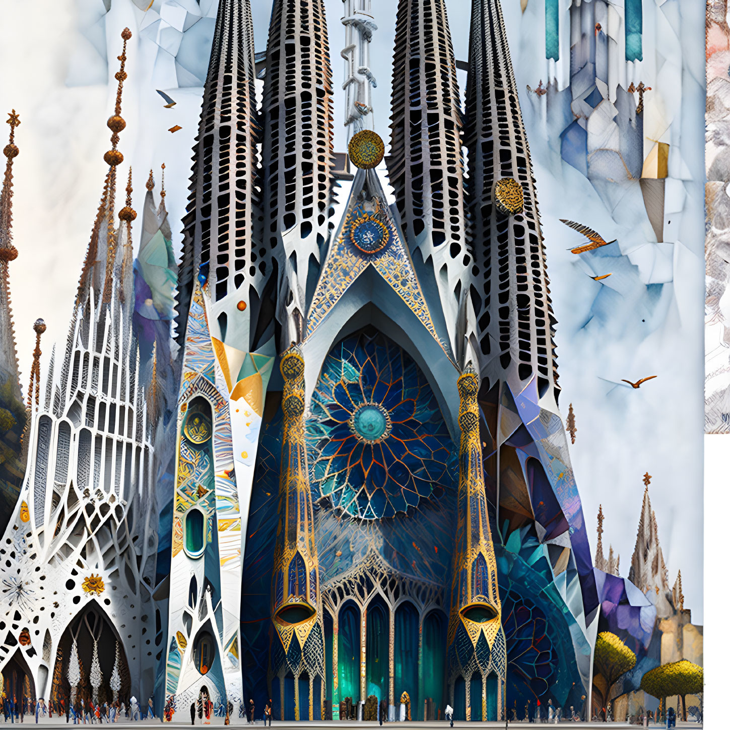 Digitally altered image of Sagrada Familia with whimsical elements