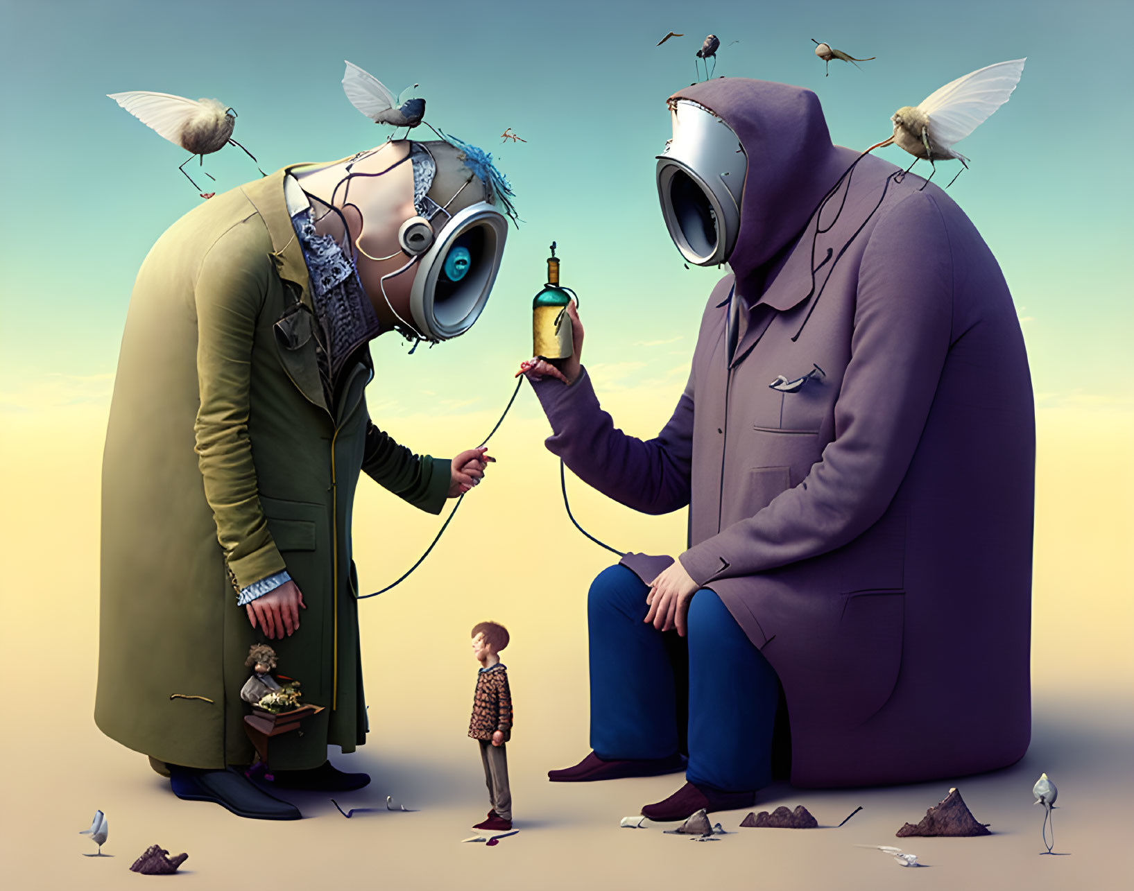 Stylized figures with TV heads exchange bottle, watched by child and birds