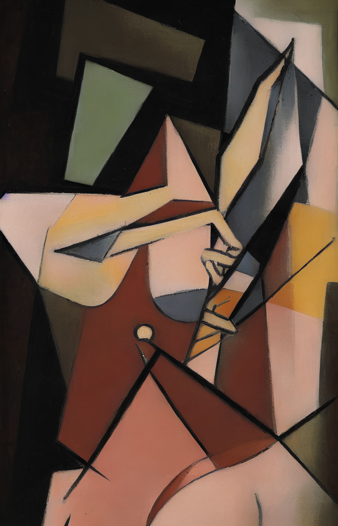 Cubist painting with interlocking shapes in brown, tan, and green with star and figure.