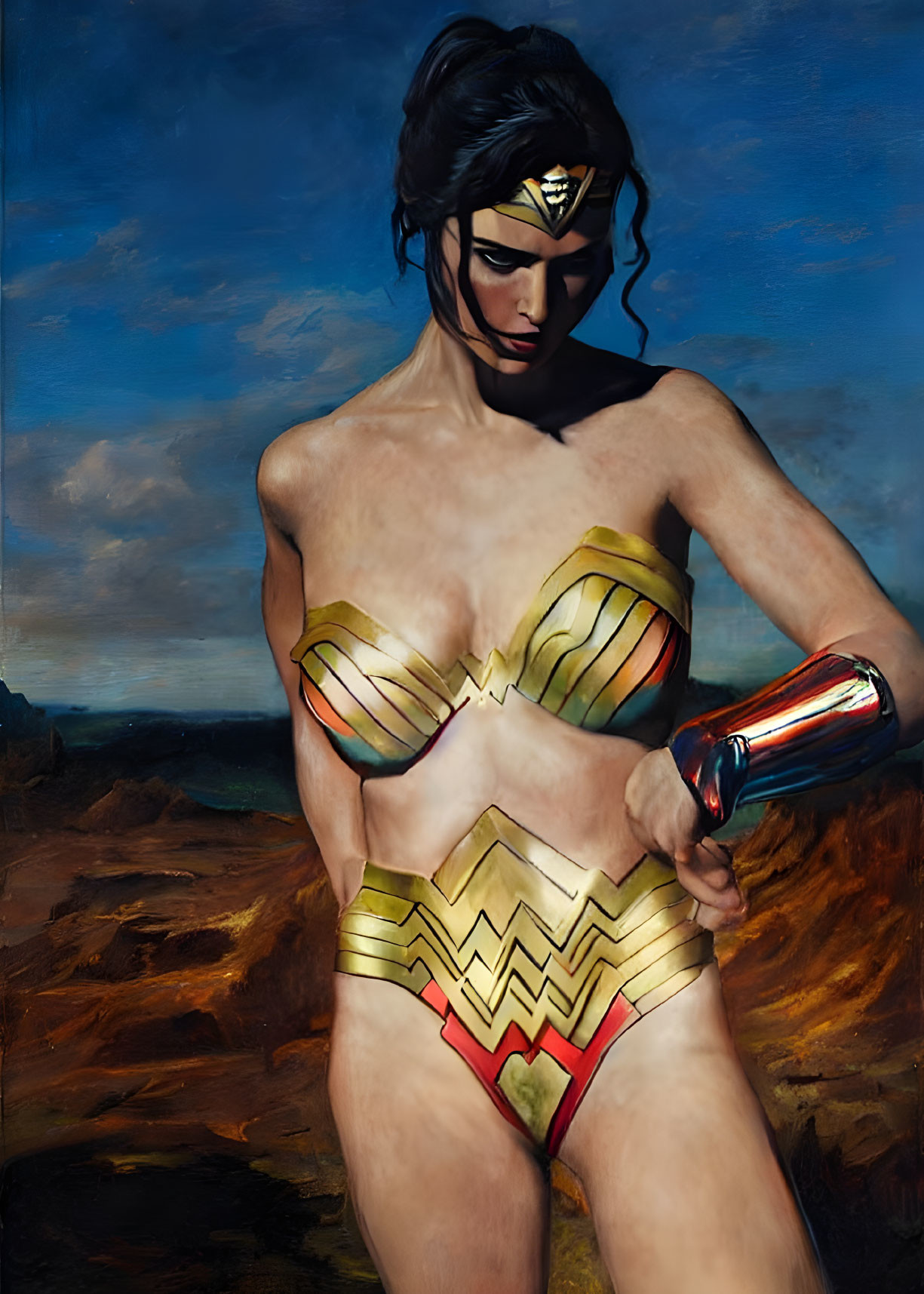 Fierce Wonder Woman in determined stance against dramatic backdrop