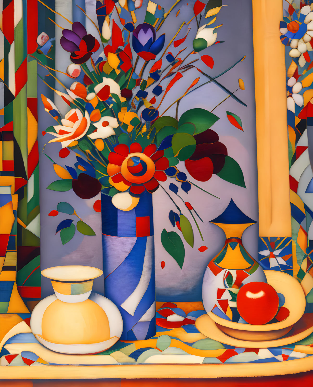 Colorful still life painting with bouquet, fruit, and geometric patterns