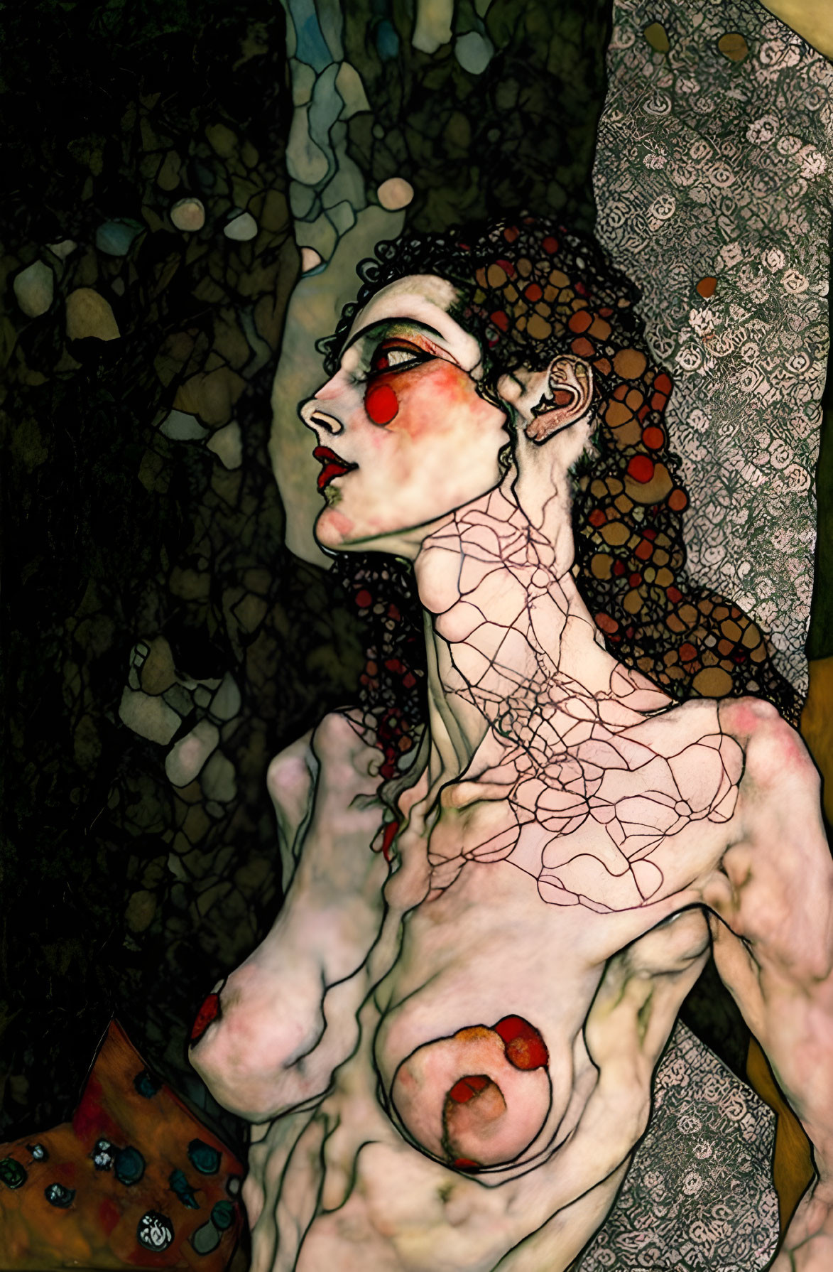 Stylized female figure with pale skin and intricate patterns in a dreamlike setting