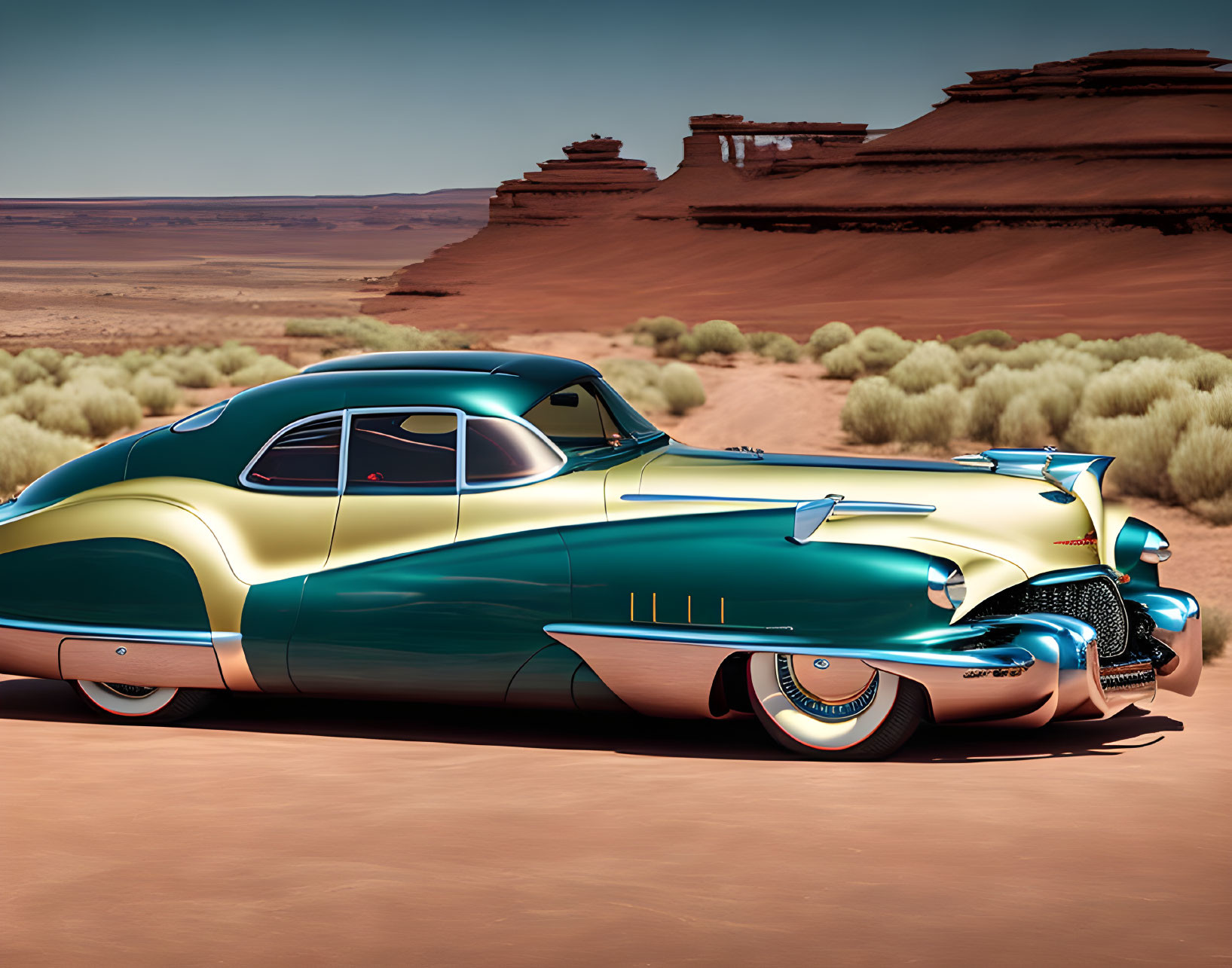 Vintage Teal and Yellow Car in Desert Landscape