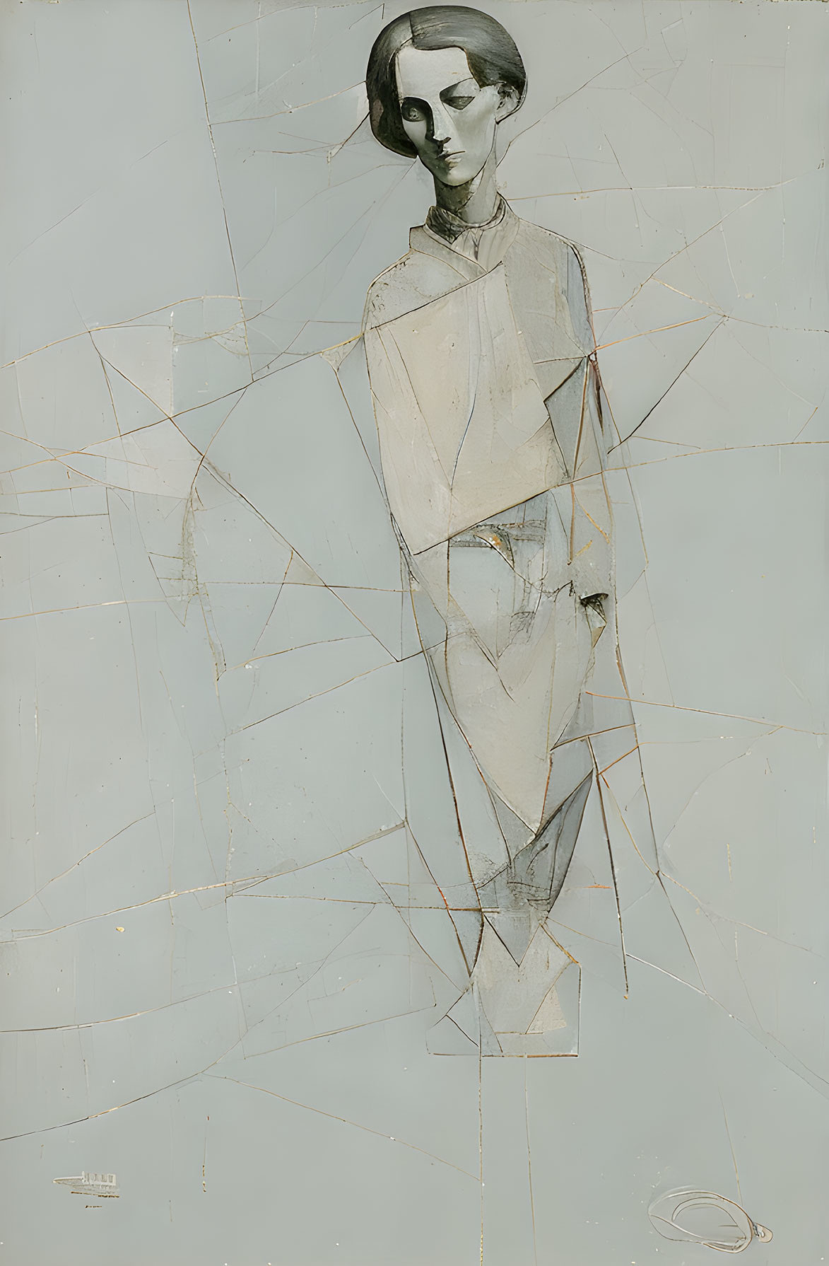 Abstract Standing Figure with Geometric Lines and Somber Palette