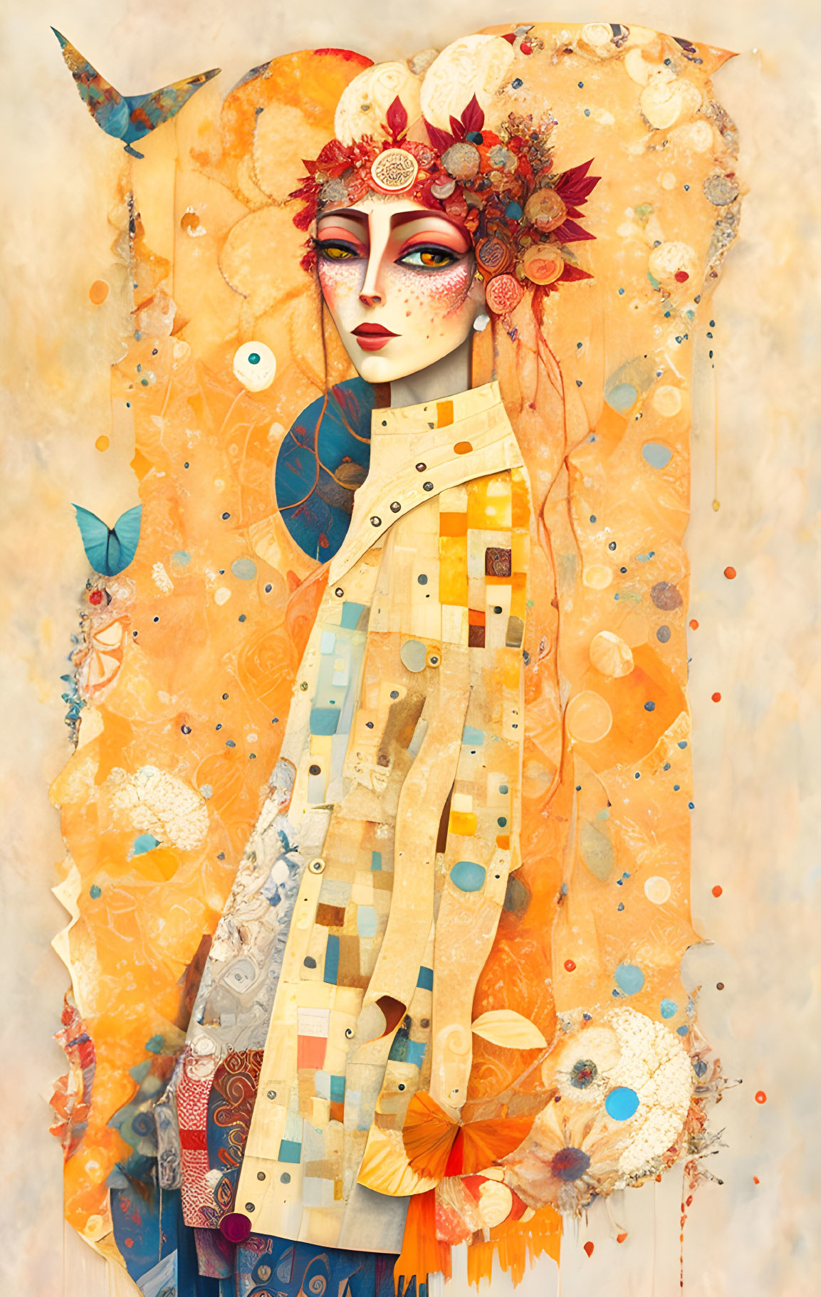 Stylized illustration of woman with floral autumn headdress