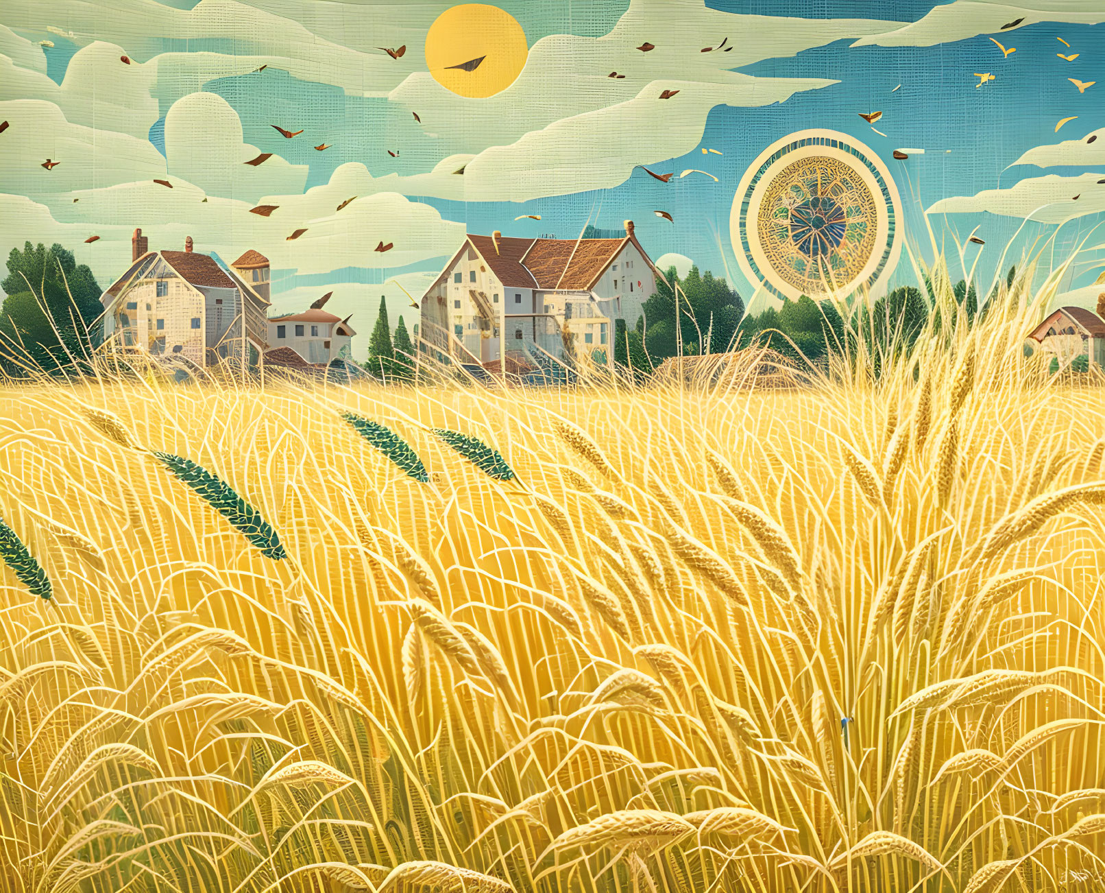 Illustrated pastoral scene with wheat fields, houses, and Ferris wheel under sunny sky.