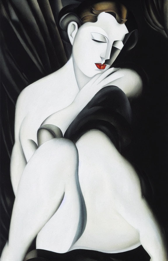 Stylized seated woman with white figure on dark background