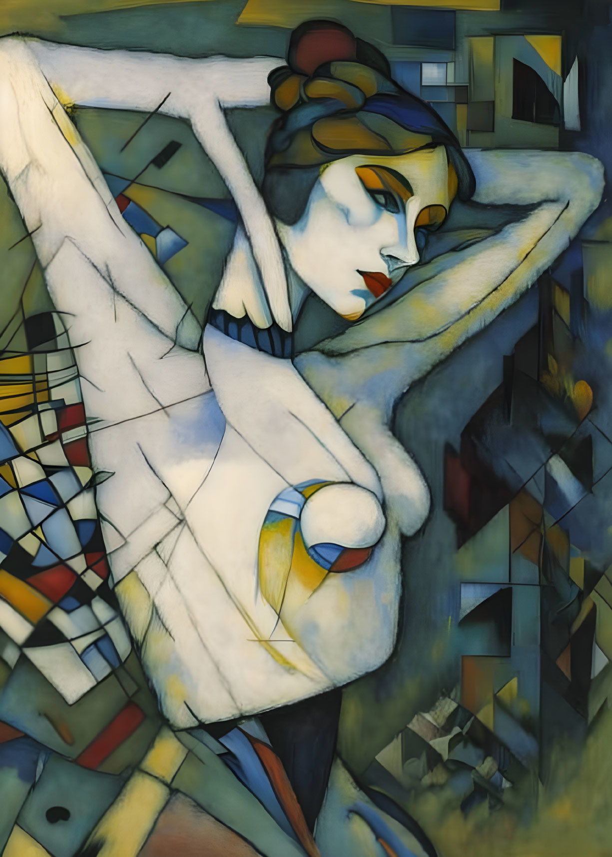 Abstract Cubist Painting of Stylized Female Figure with Geometric Shapes