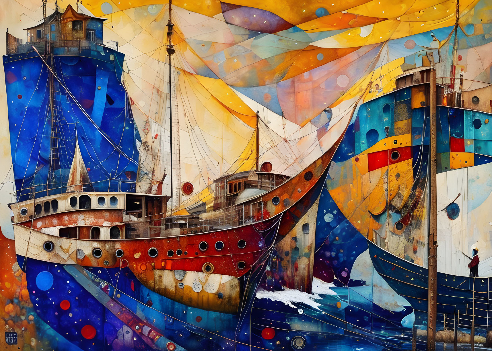 Colorful abstract sea art with ship and figure by dock