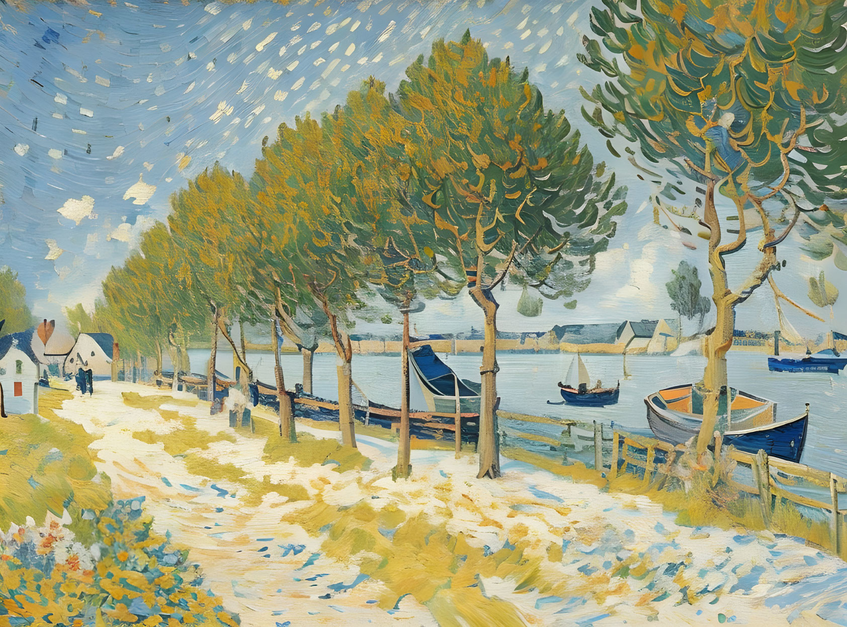 Riverside scene with trees, boats, path, house, and vibrant blue sky