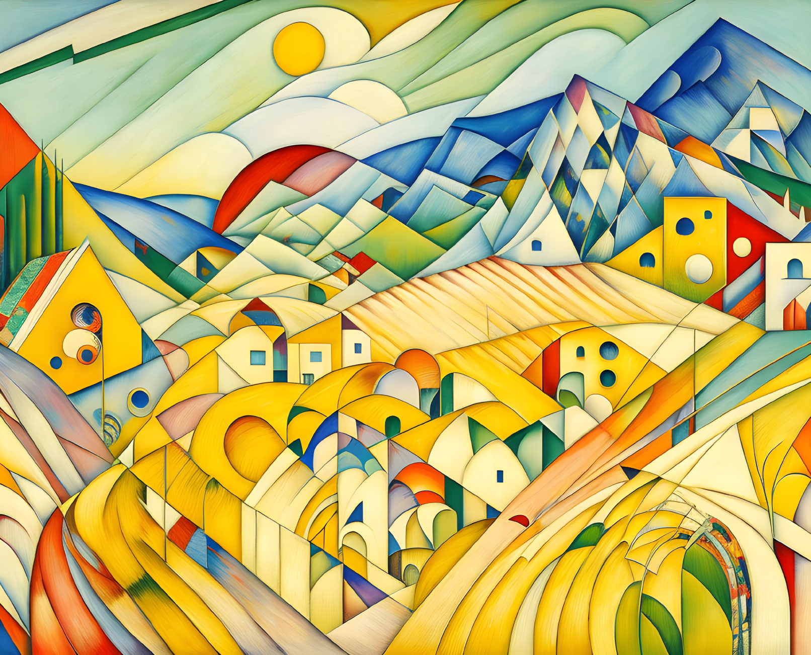 Colorful Abstract Painting: Geometric Shapes in Stylized Landscape