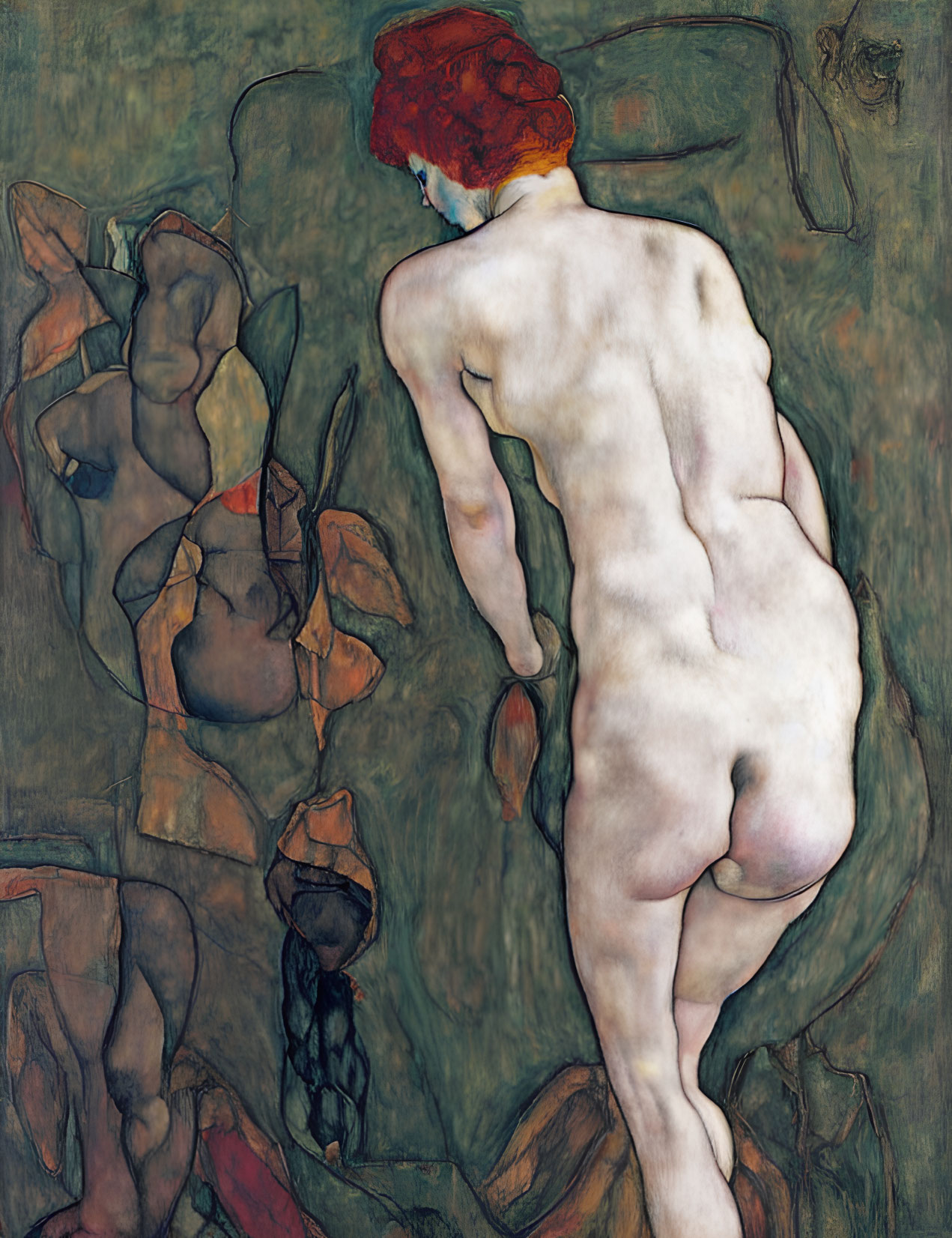 Standing nude woman with red headscarf in abstract painting