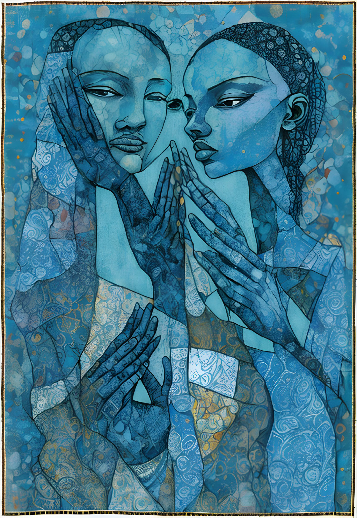 Stylized blue figures with intricate patterns and serene expressions in mirror image