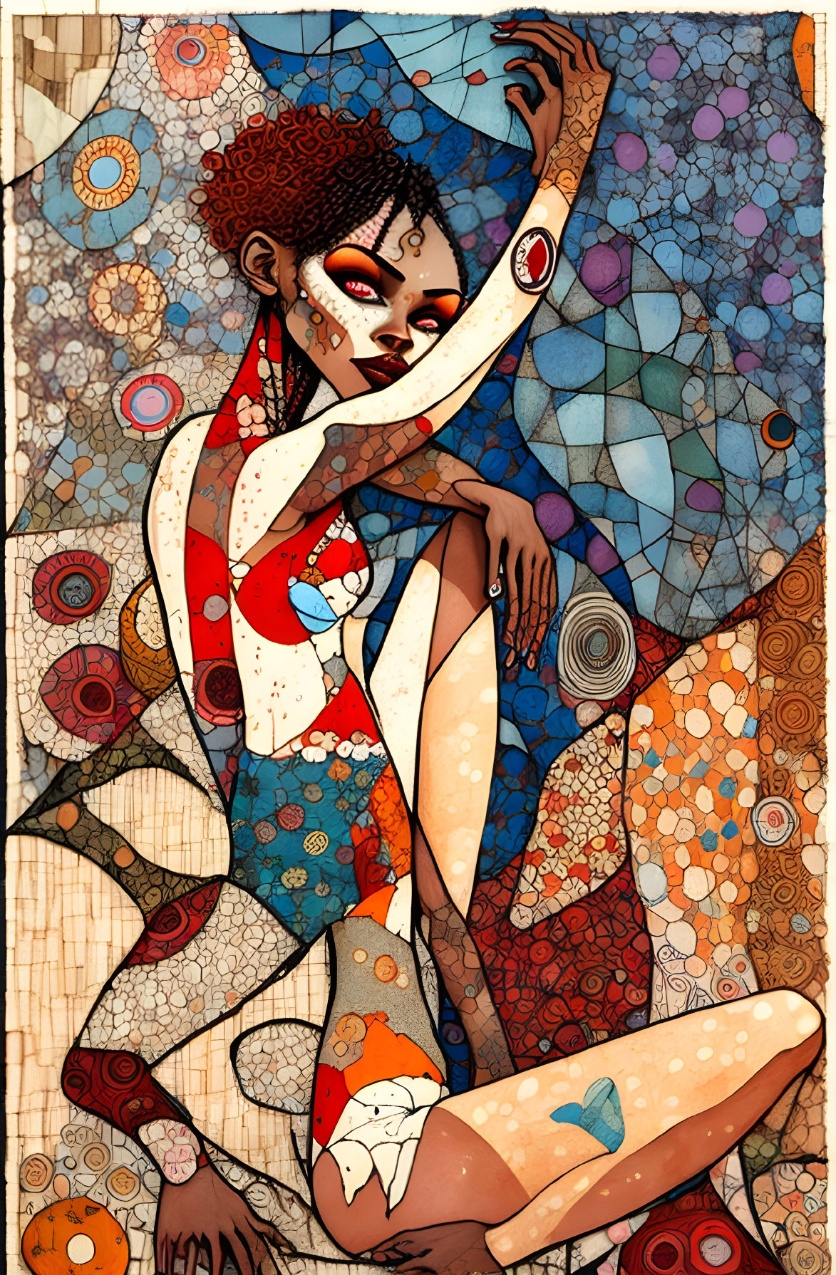 Vibrant illustration: Woman with red curly hair and bold makeup against colorful mosaic background