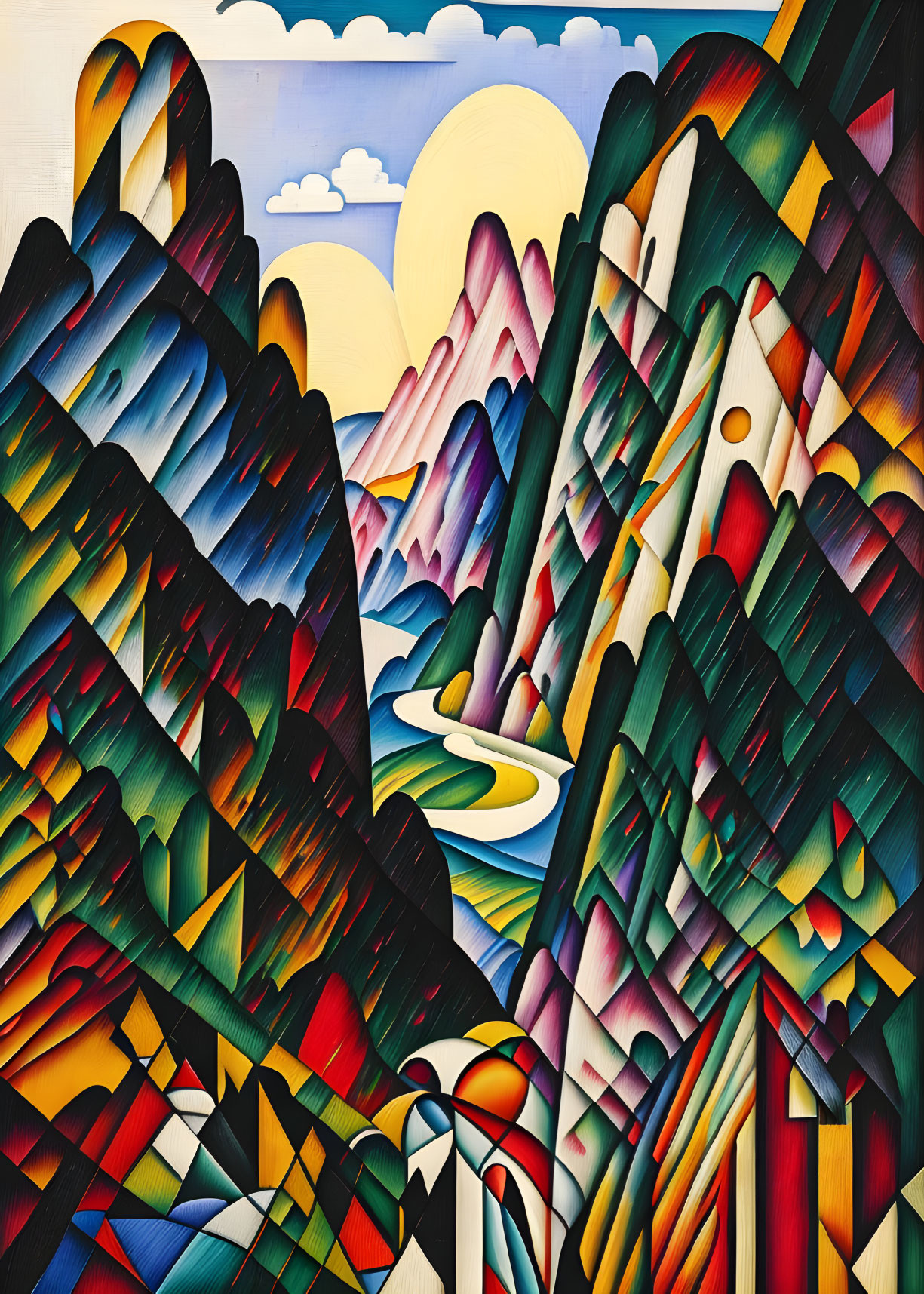 Colorful Cubist Landscape with Multi-Faceted Mountains and Sun