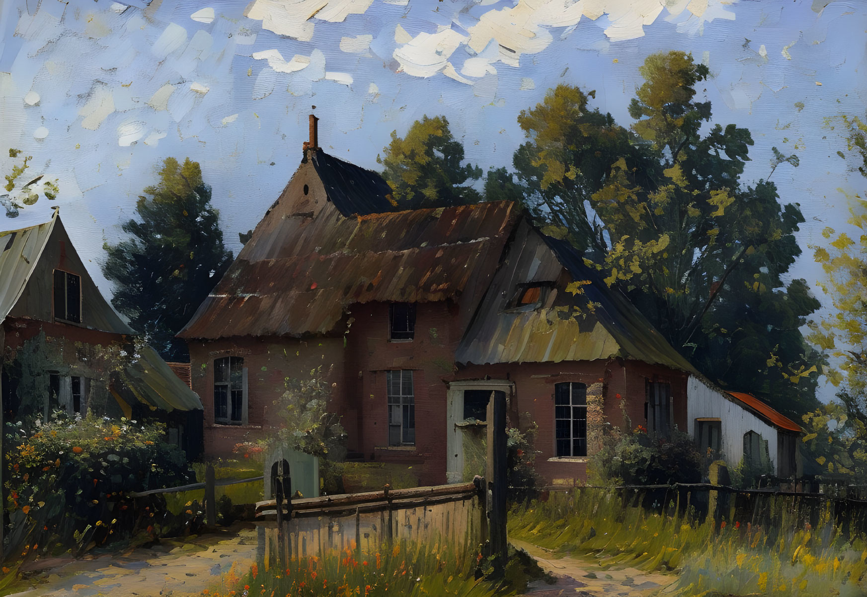 Rustic house with red-tiled roof in oil painting