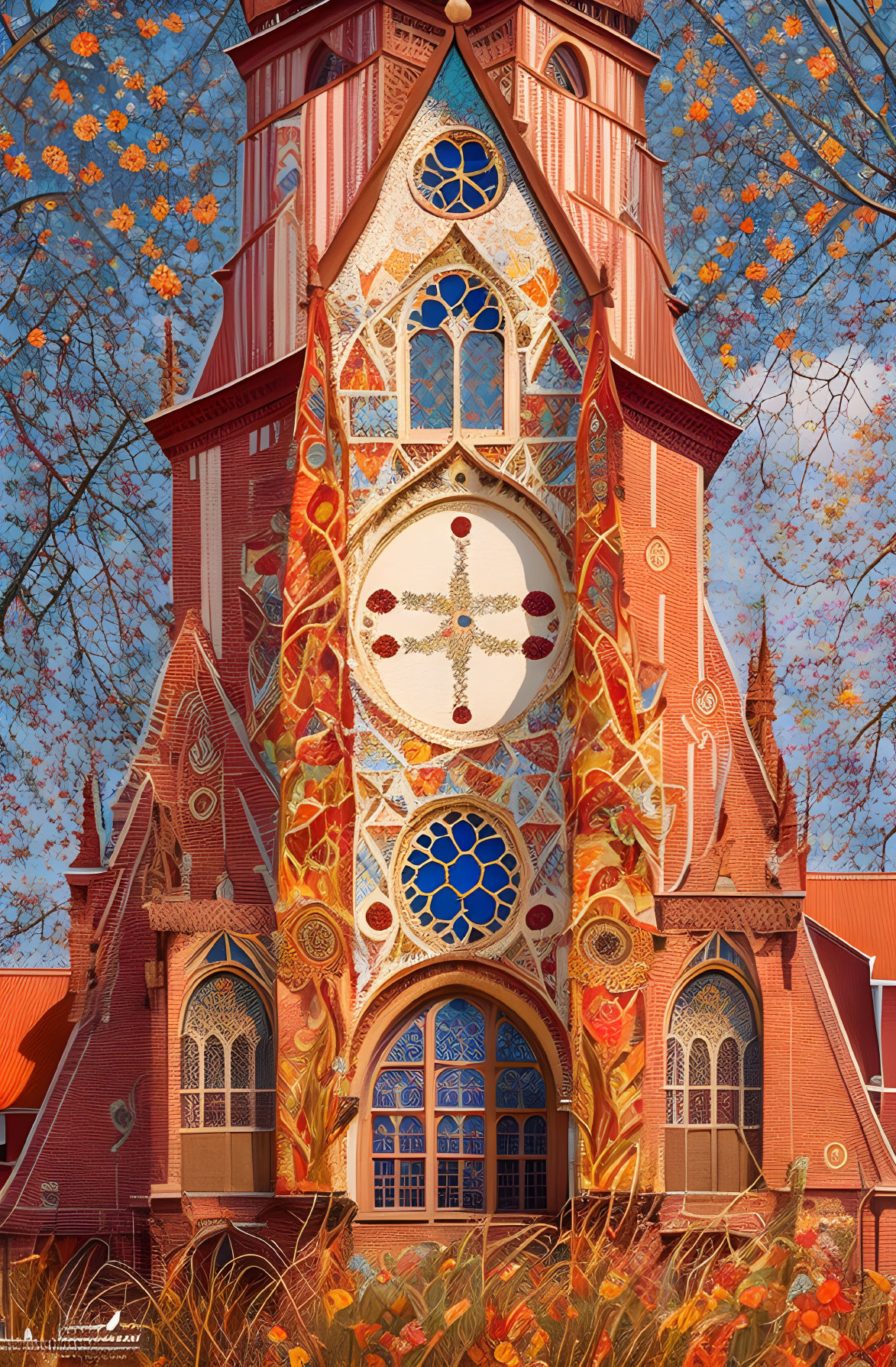 Detailed illustration of ornate multi-tiered church with tall spire, intricate windows, surrounded by autumn