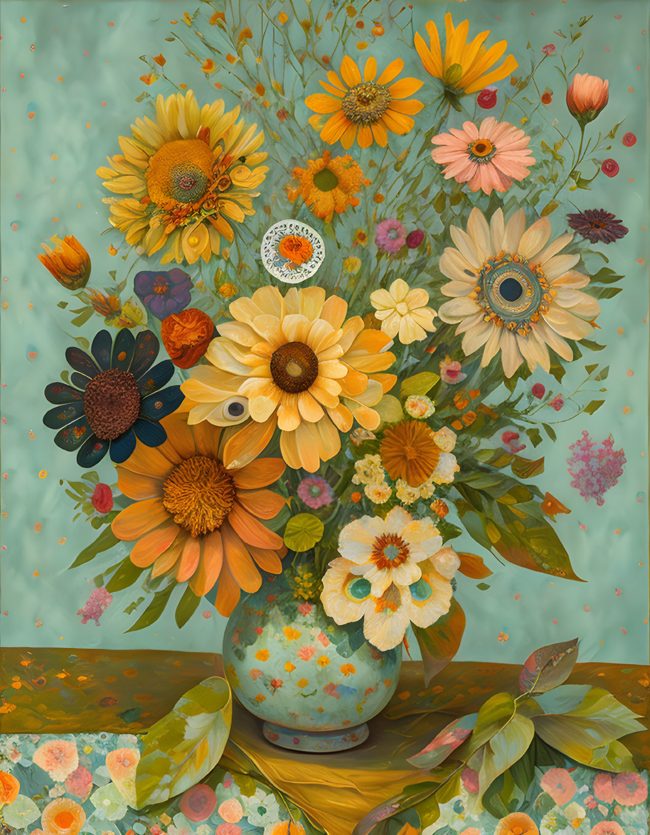 Colorful Sunflowers and Daisies in Patterned Vase on Turquoise Background