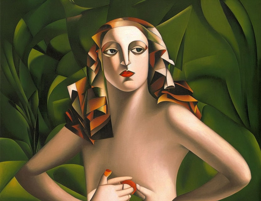 Stylized female figure against green leaves in cubist style