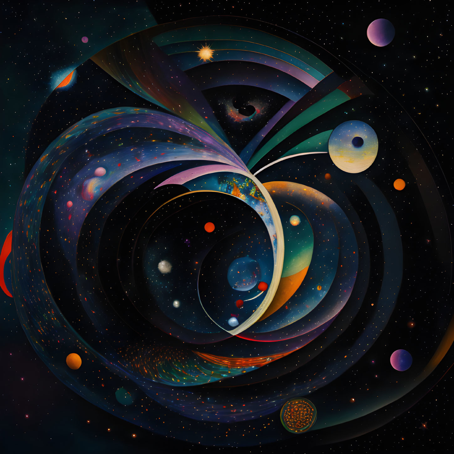 Colorful Abstract Cosmic Illustration with Stars, Planets, and Celestial Motifs