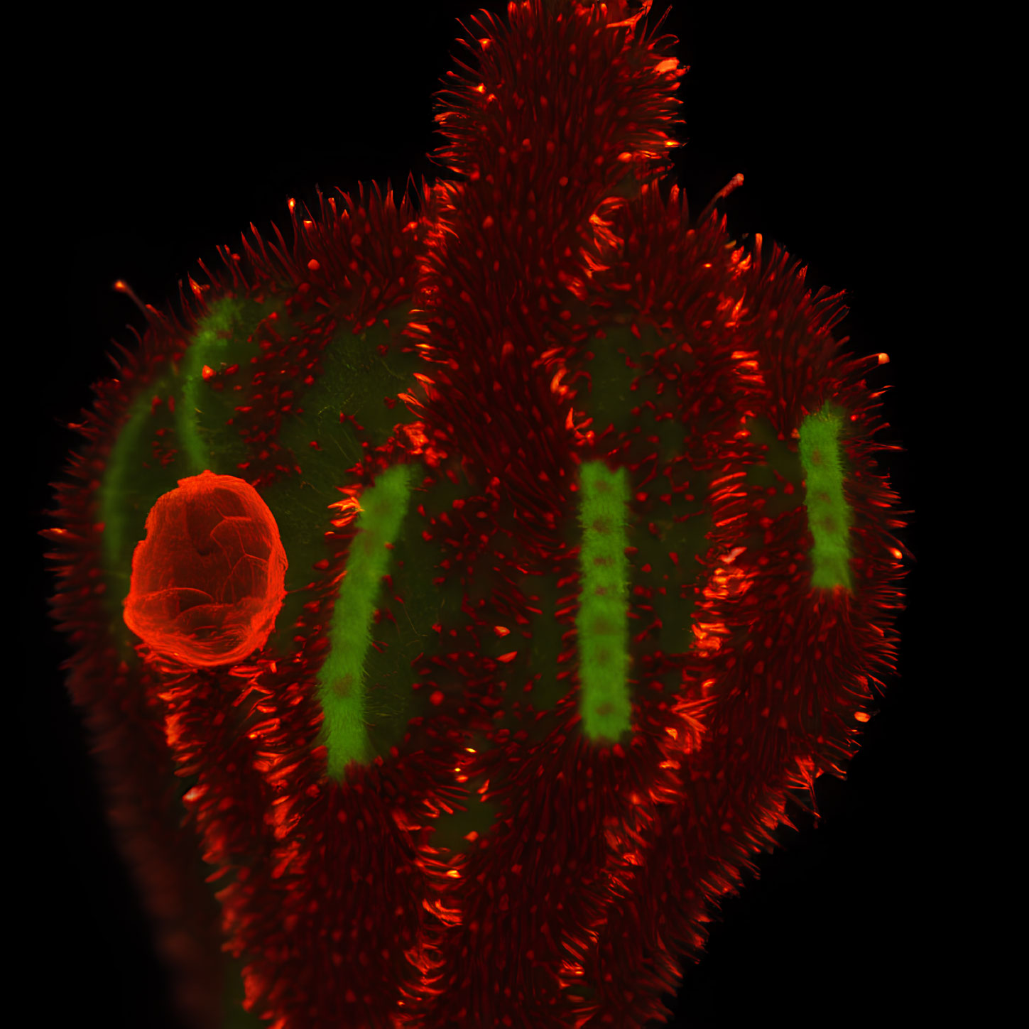 Detailed close-up: Red furry flower with green stigma on black background