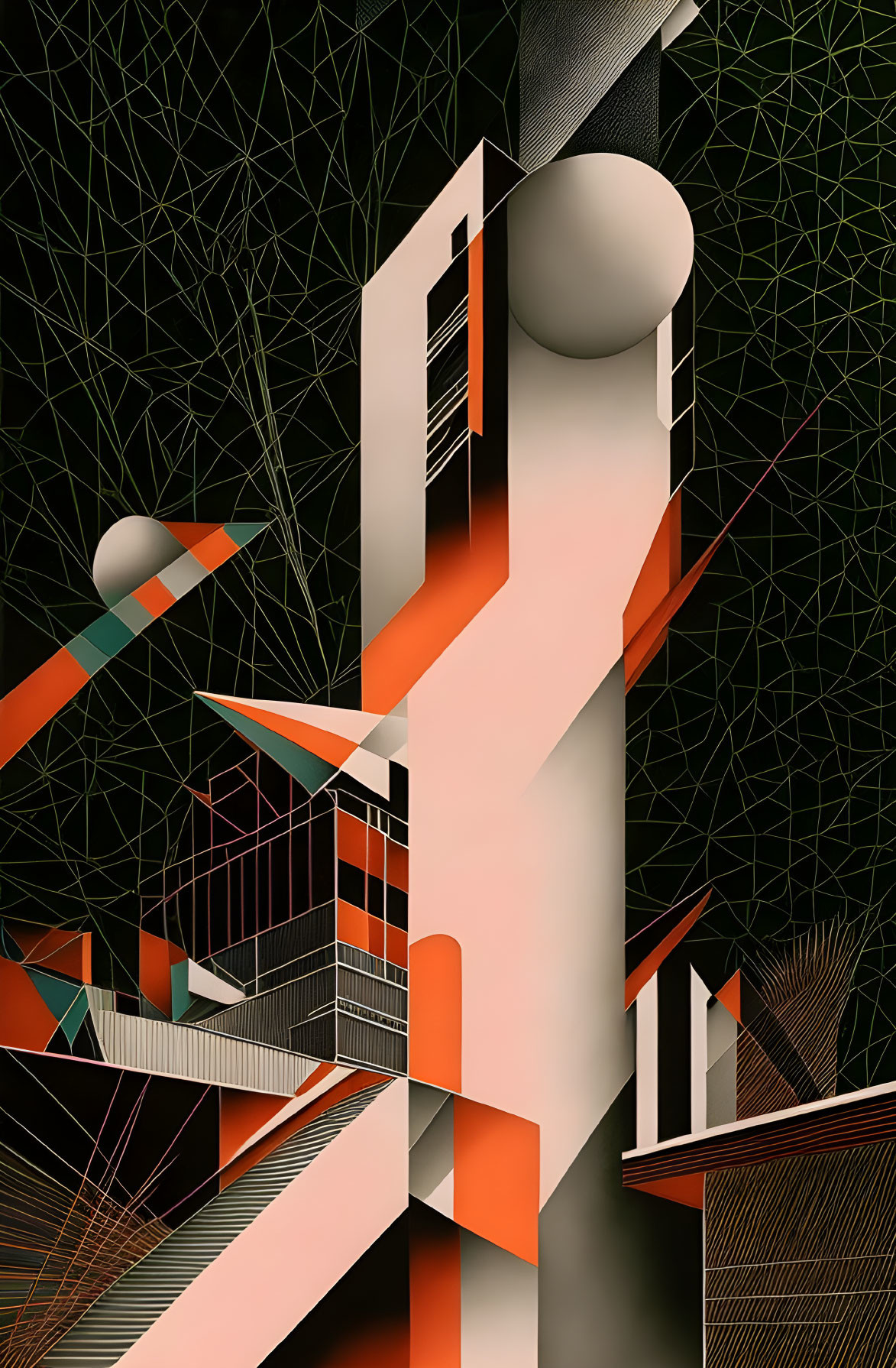 Geometric Abstract Artwork in Peach, Black, and White with Spheres and Stairs