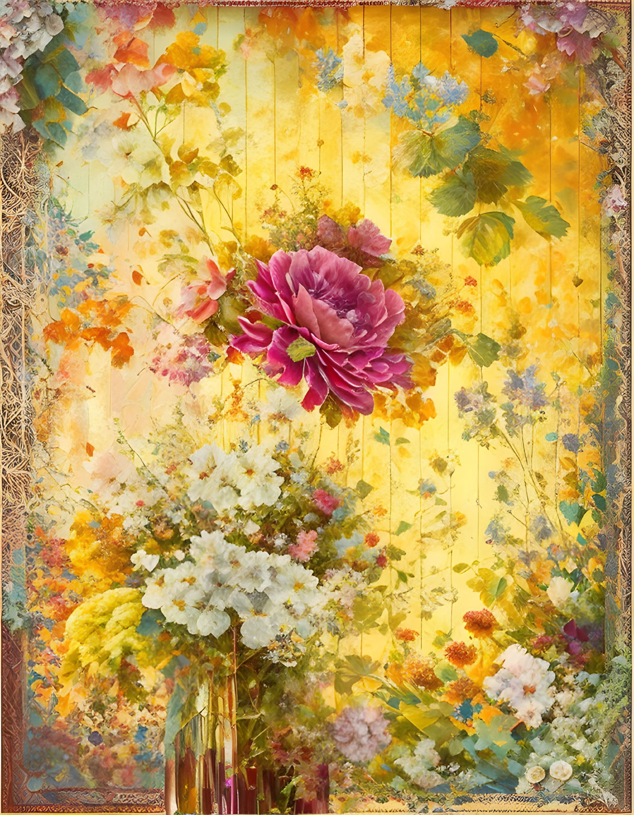 Colorful assorted flowers on warm yellow background with floral accents and ornate border.