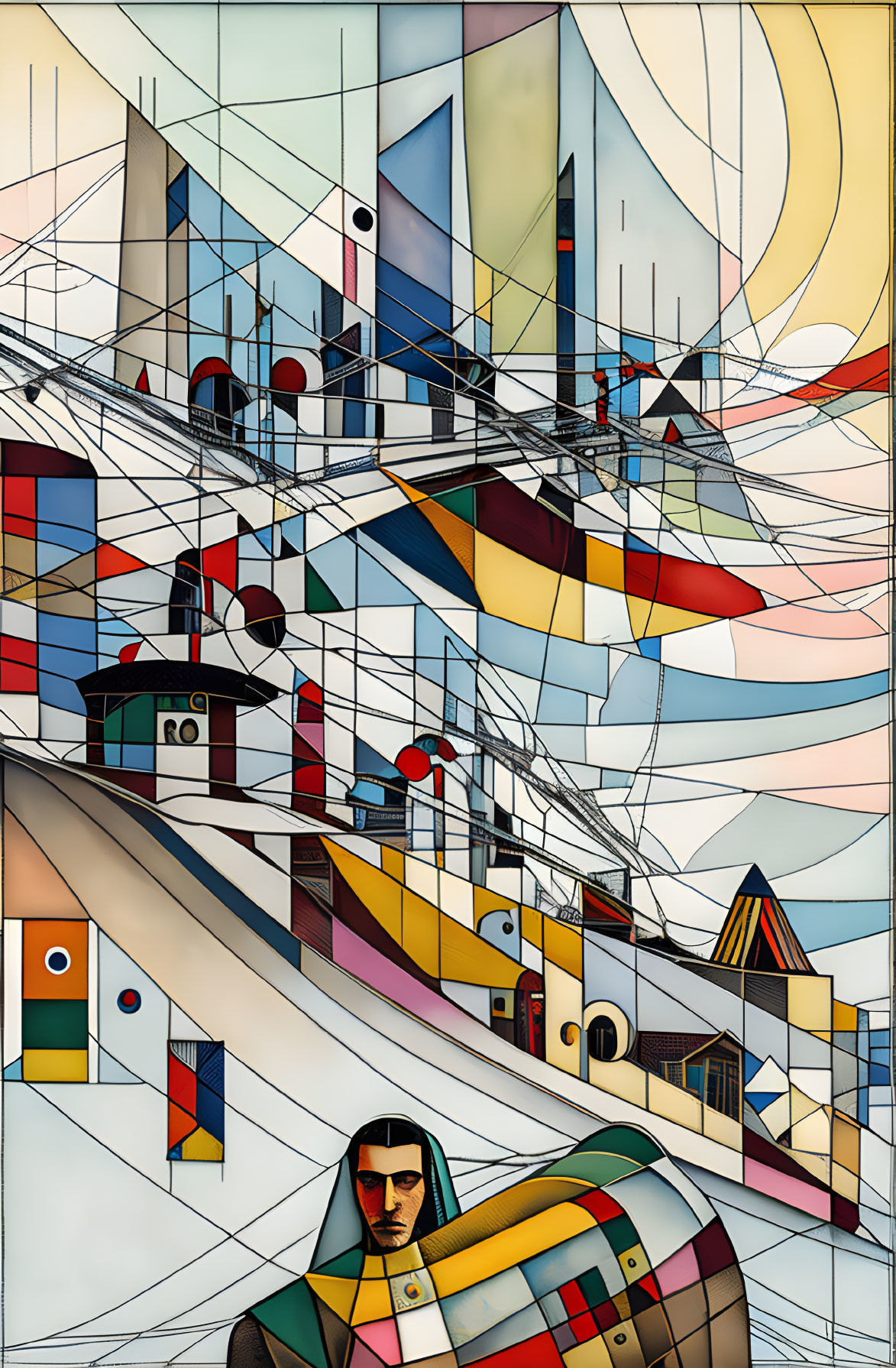 Abstract cityscape painting with geometric shapes and figure in muted colors