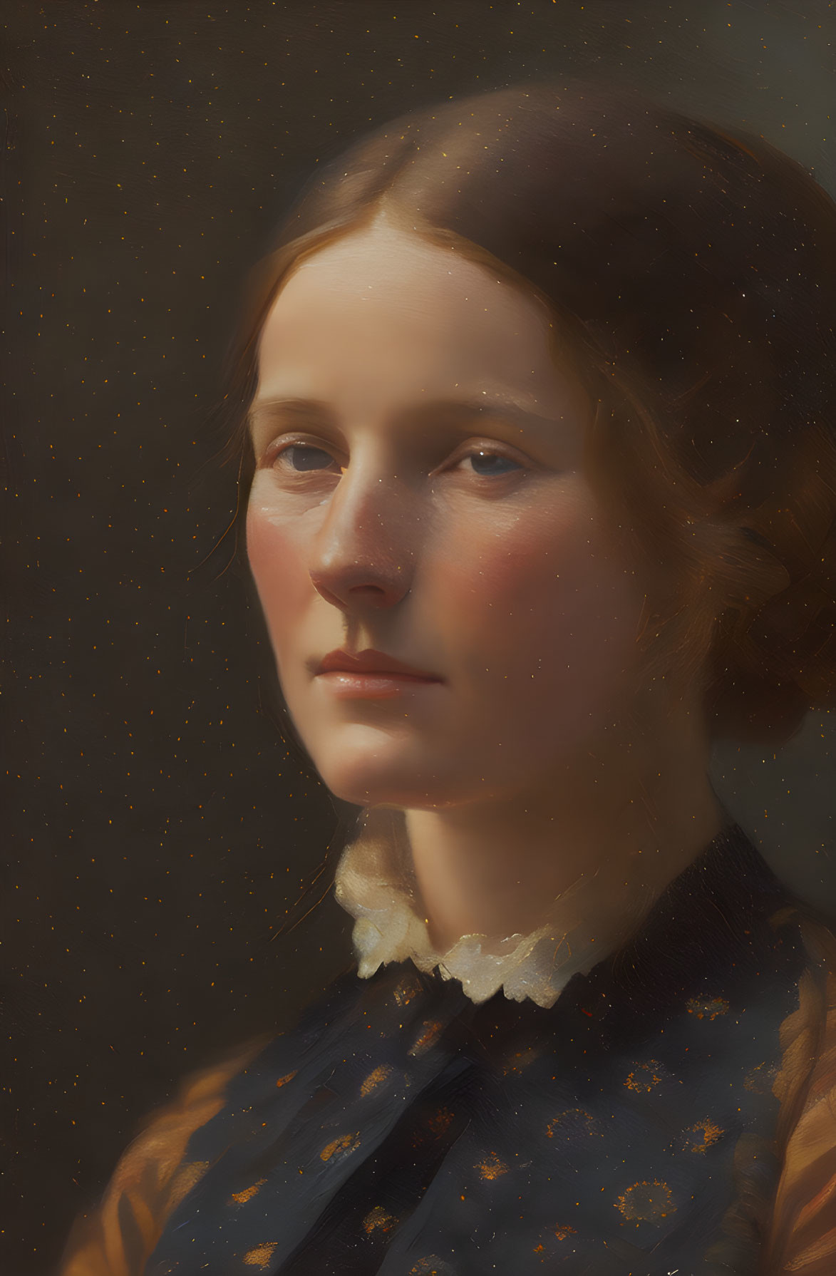 Contemplative young woman portrait with soft lighting and period-style dress