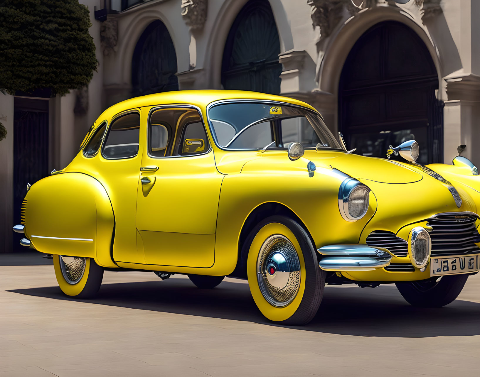 Yellow Vintage Car with Chrome Details Parked in Front of Classical Building