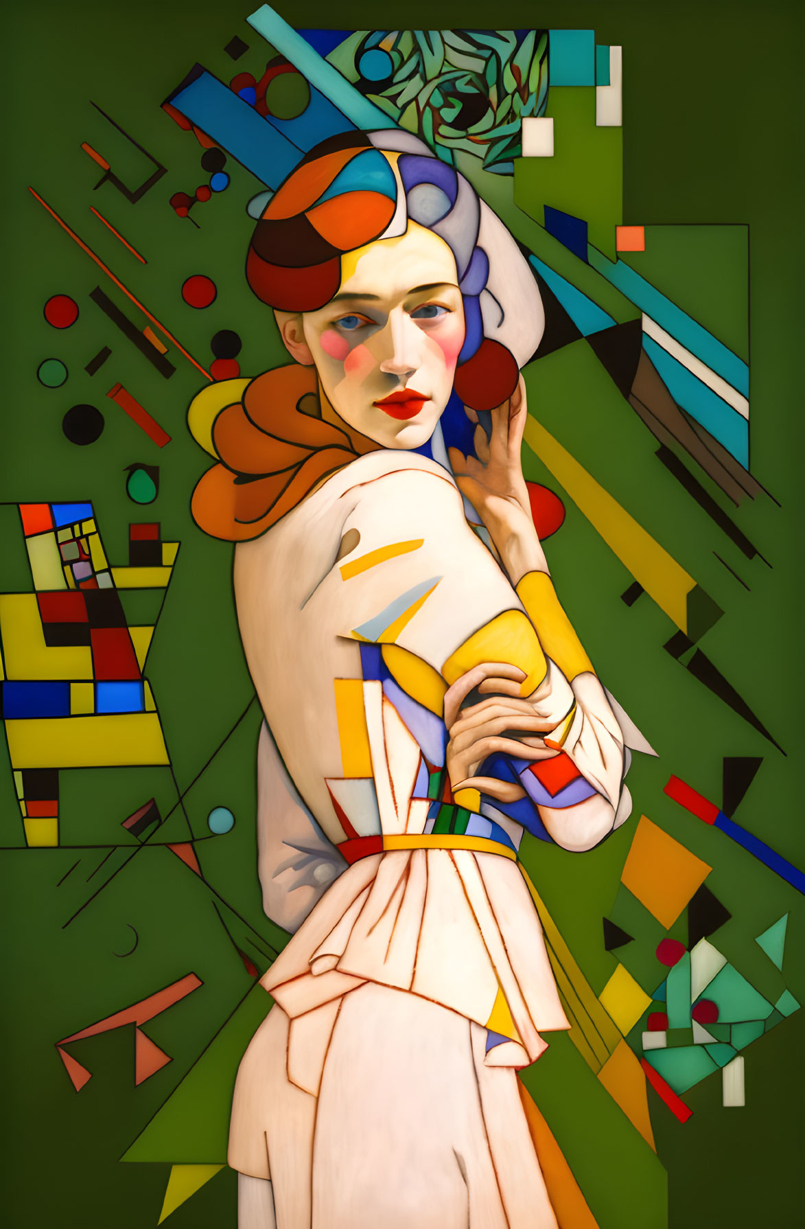 Colorful Cubist-inspired portrait of a woman with abstract shapes in green, yellow, red, and