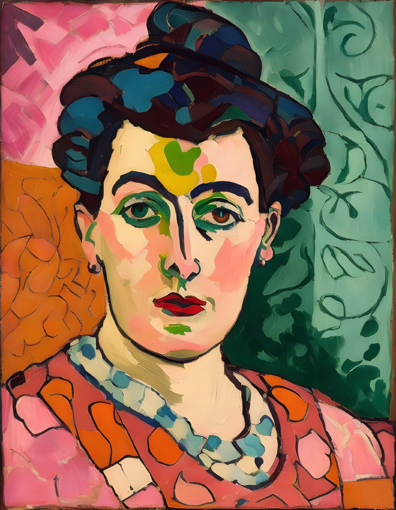 Colorful portrait of a woman with expressive gaze on pink and green background