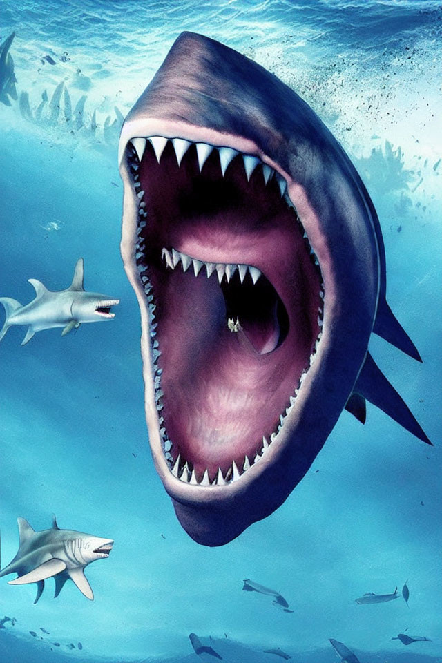 Digitally Enhanced Oversized Shark with Open Mouth in Underwater Scene