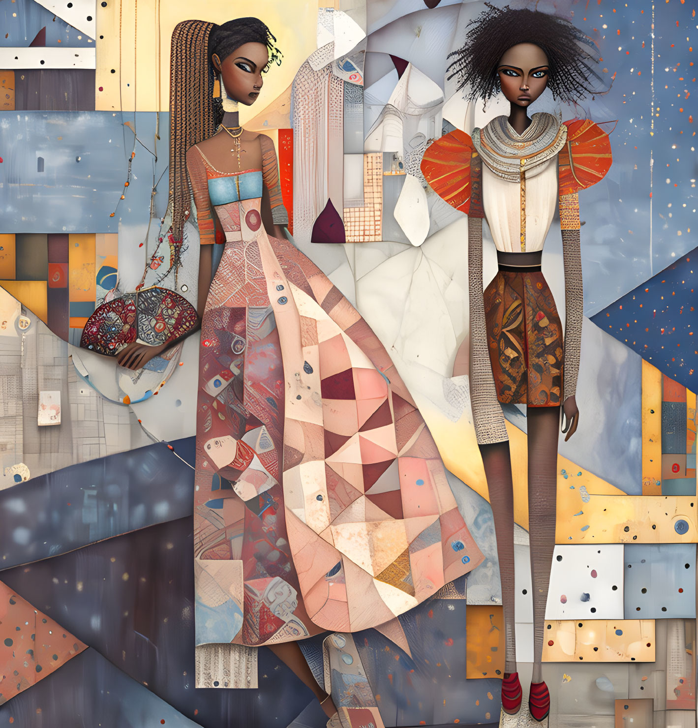 Stylized female figures with geometric patterns and patchwork designs