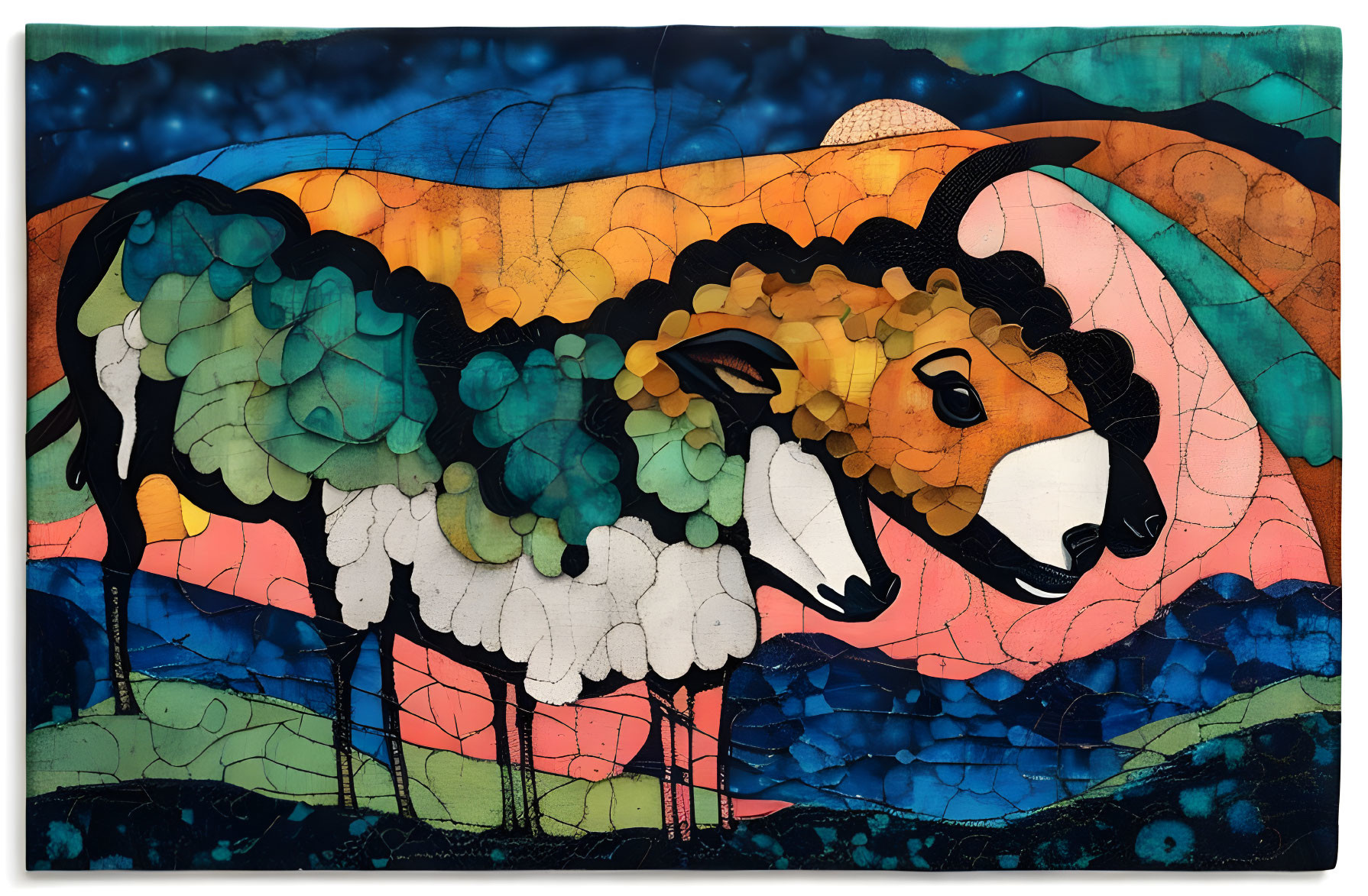 Vibrant quilted artwork: Ram with dynamic patchwork against abstract landscape