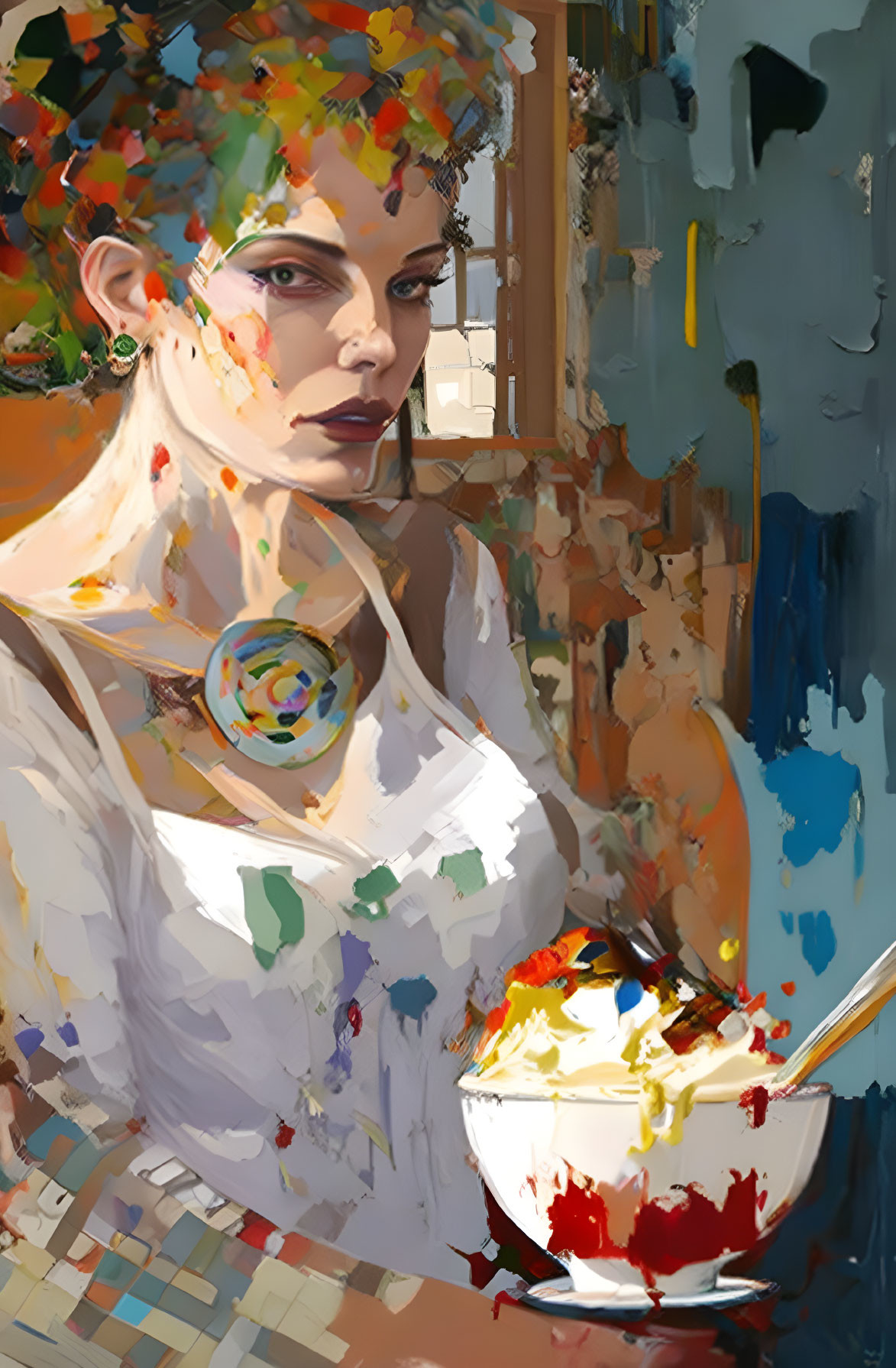 Vibrant digital artwork of a woman with paint smears, palette-like face, bowl, and