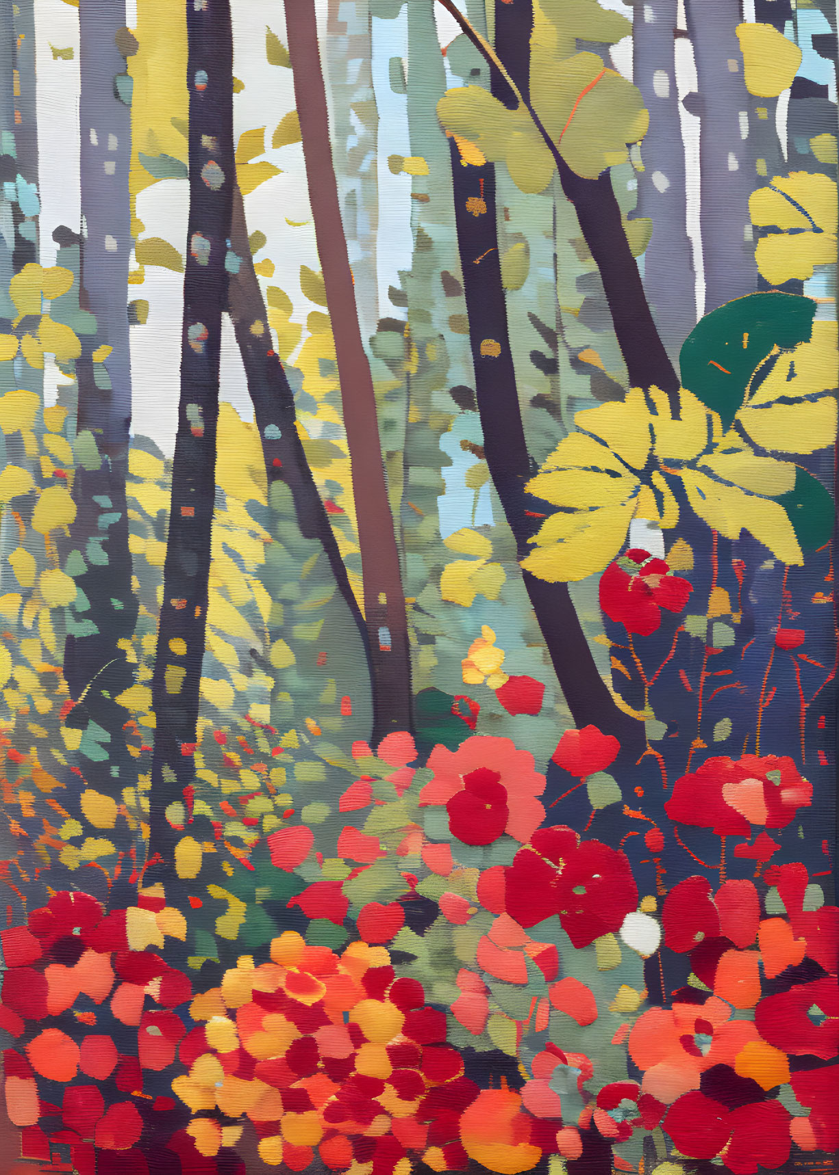 Colorful Forest Scene with Patterned Trees and Bright Flowers